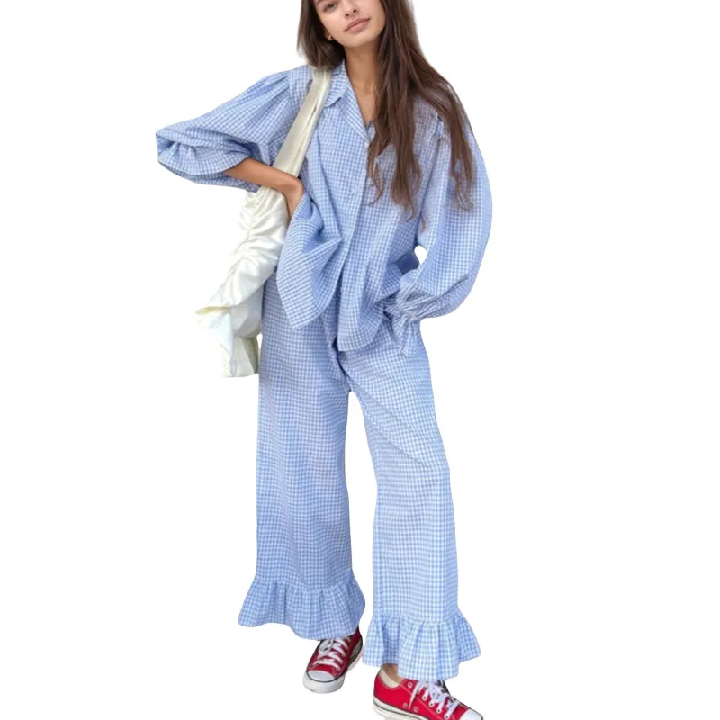 Anna-Kaci Lounge Women's Gingham Button Down Pajama Set with Long Sleeve Collared Top and Ruffle Hem Wide Leg Pants sold by Anna-Kaci