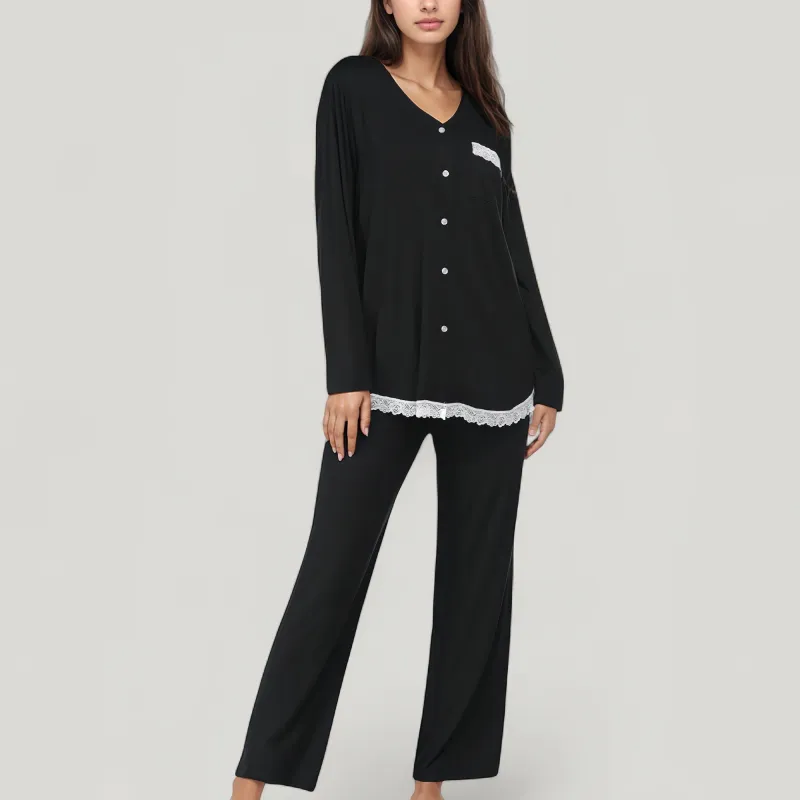 Anna-Kaci Lounge Women's Lace Trim Button Down Long Sleeve Top and Lounge Pants Two Piece Pajama Set sold by Anna-Kaci