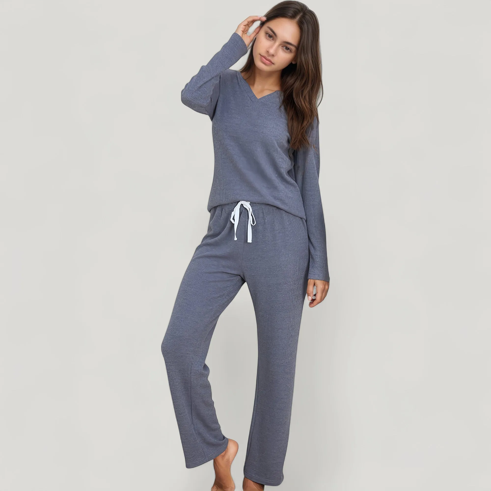 Anna-Kaci Lounge Women's V-Neck Long Sleeve Knit Top and Drawstring Waist Lounge Pants Two Piece Set sold by Anna-Kaci