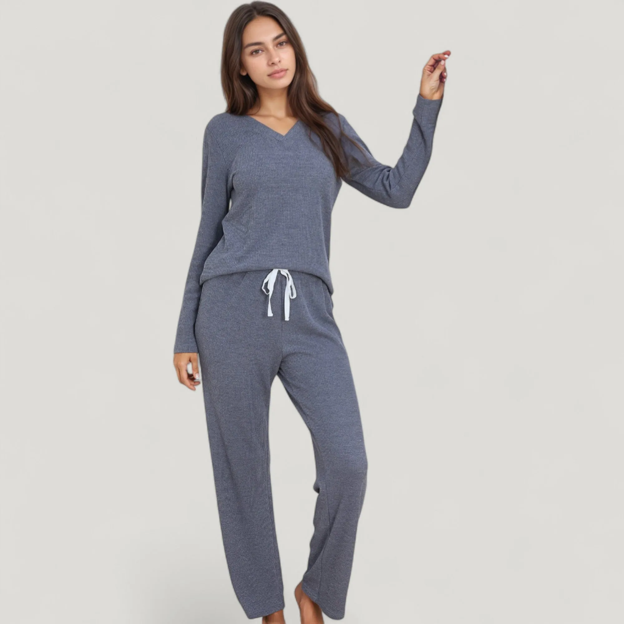 Anna-Kaci Lounge Women's V-Neck Long Sleeve Knit Top and Drawstring Waist Lounge Pants Two Piece Set sold by Anna-Kaci product image thumbnail 5