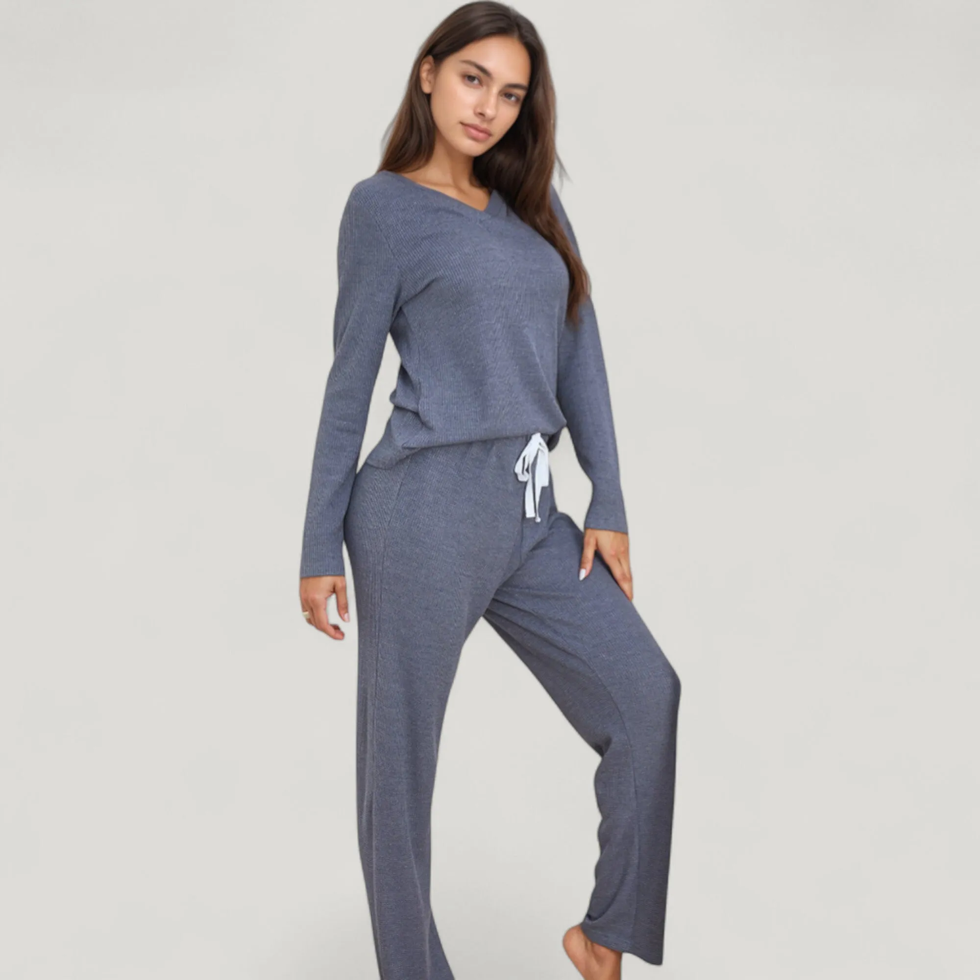 Anna-Kaci Lounge Women's V-Neck Long Sleeve Knit Top and Drawstring Waist Lounge Pants Two Piece Set sold by Anna-Kaci product image thumbnail 2