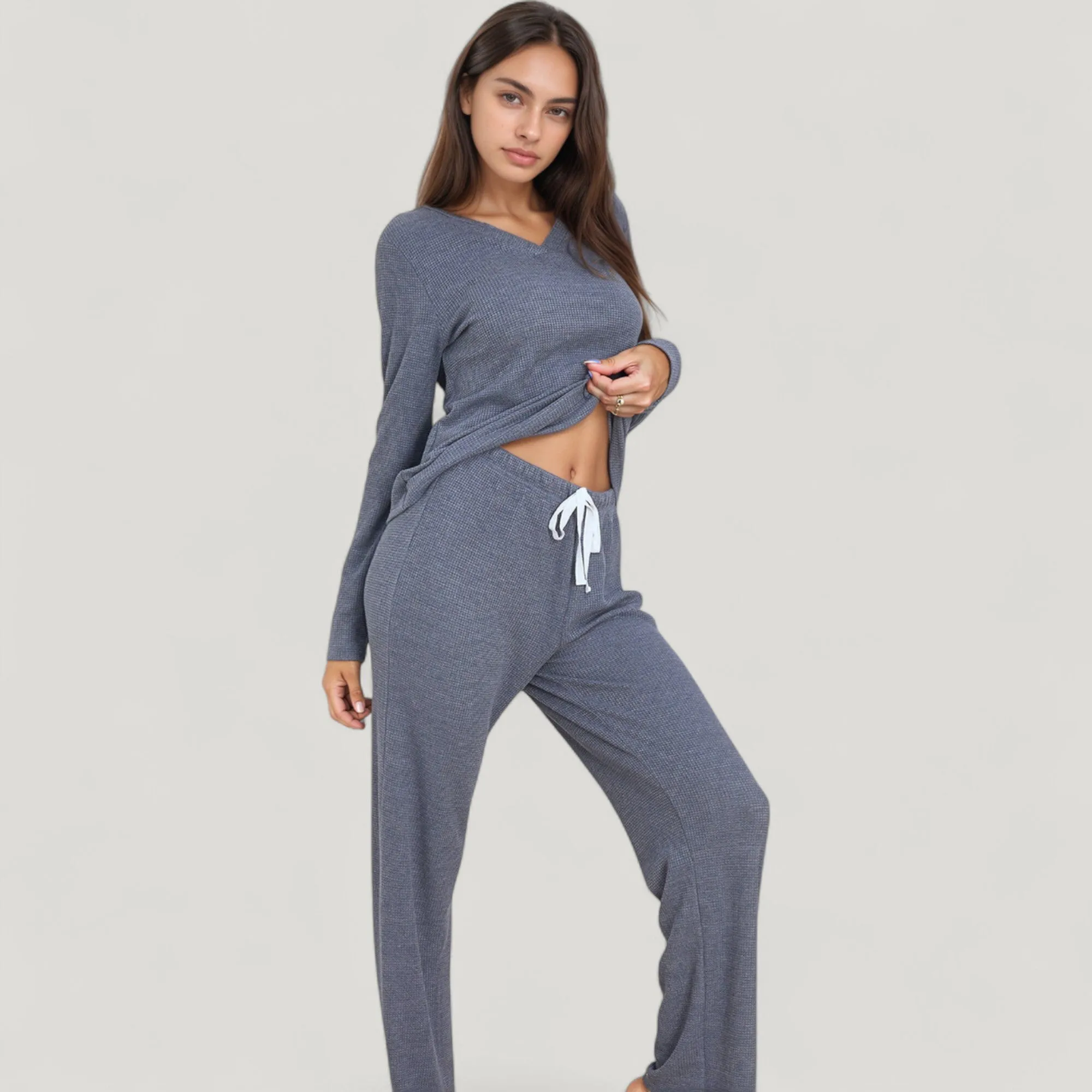Anna-Kaci Lounge Women's V-Neck Long Sleeve Knit Top and Drawstring Waist Lounge Pants Two Piece Set sold by Anna-Kaci product image thumbnail 3