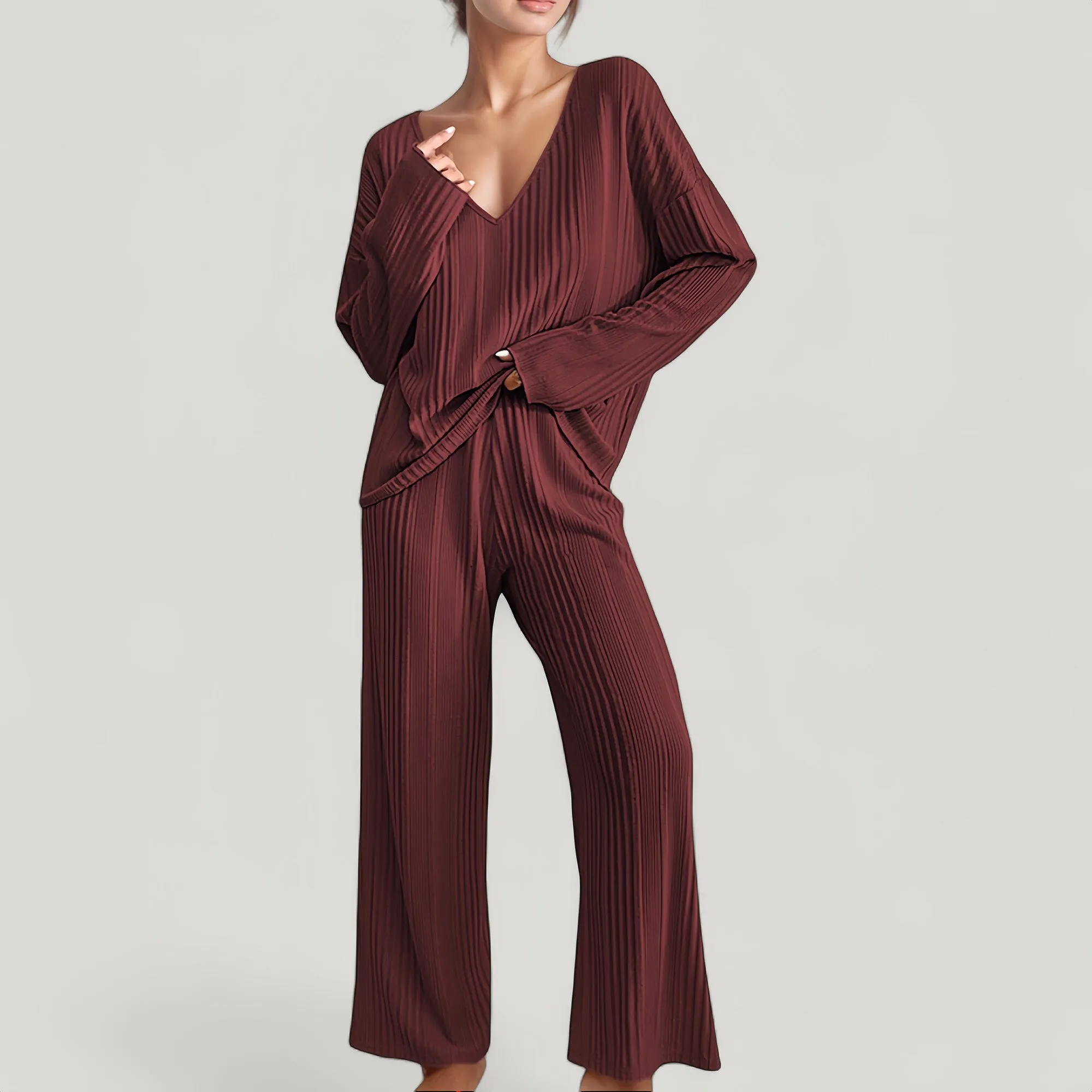 Anna-Kaci Lounge Women's Ribbed Knit Long Sleeve Crop Top and High Waist Lounge Pants Two Piece Set sold by Anna-Kaci product image thumbnail 5