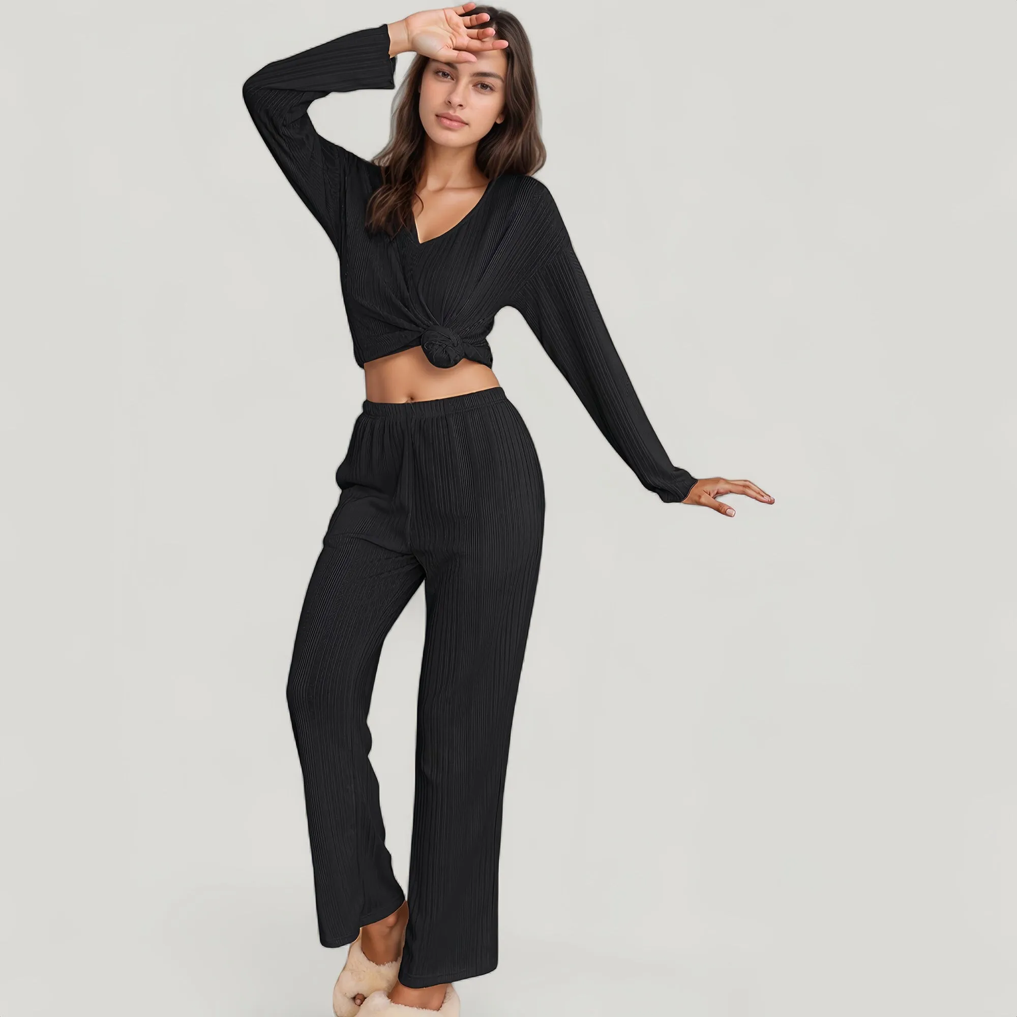 Anna-Kaci Lounge Women's Ribbed Knit Long Sleeve Crop Top and High Waist Lounge Pants Two Piece Set sold by Anna-Kaci