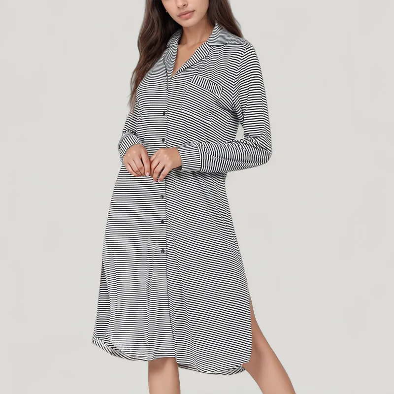 Anna-Kaci Lounge Women's Woven Stripe Long Sleeve Button Down Sleep Shirt with Lapel Collar and Curved Hem sold by Anna-Kaci