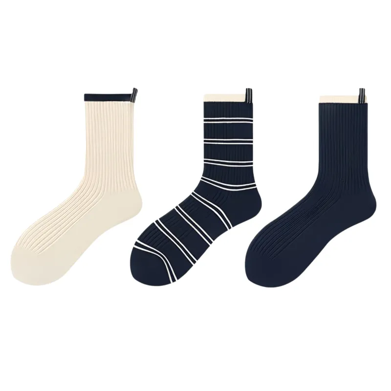 Anna-Kaci Women's Minimalist Stripe Crew Socks 3-Pack Ribbed and Patterned Design in Neutral Tones sold by Anna-Kaci