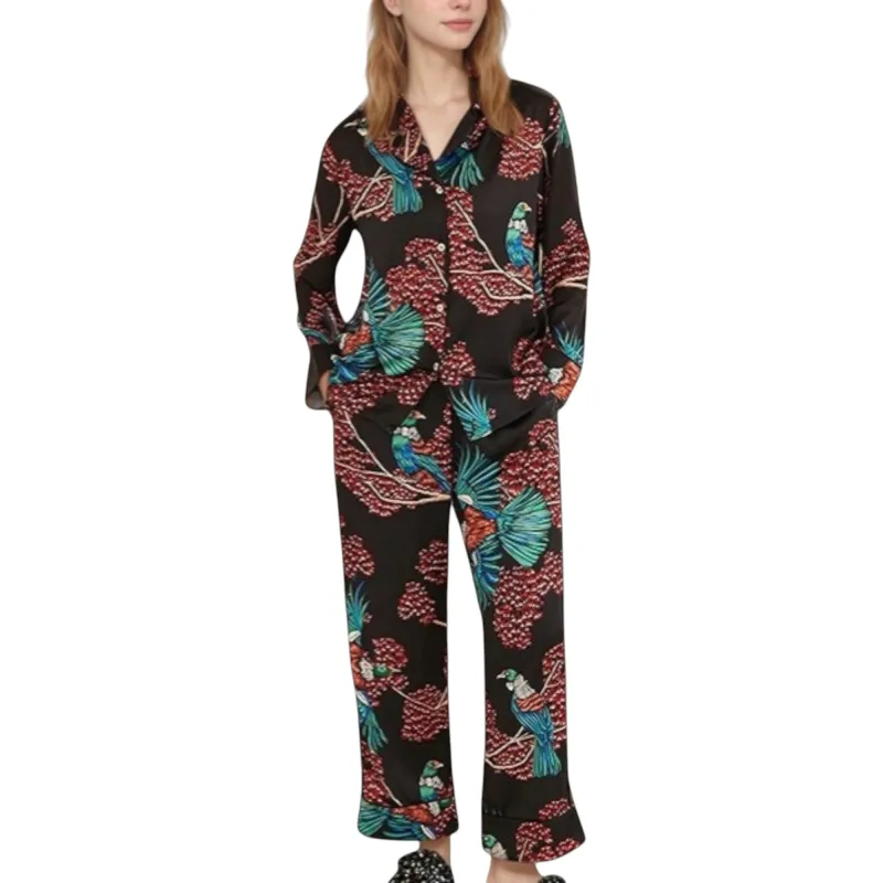 Anna-Kaci Lounge Women's Woven Two-Piece Pajama Set with Tropical Bird and Botanical Print Long Sleeve Top and Relaxed Fit Pants made by Anna-Kaci