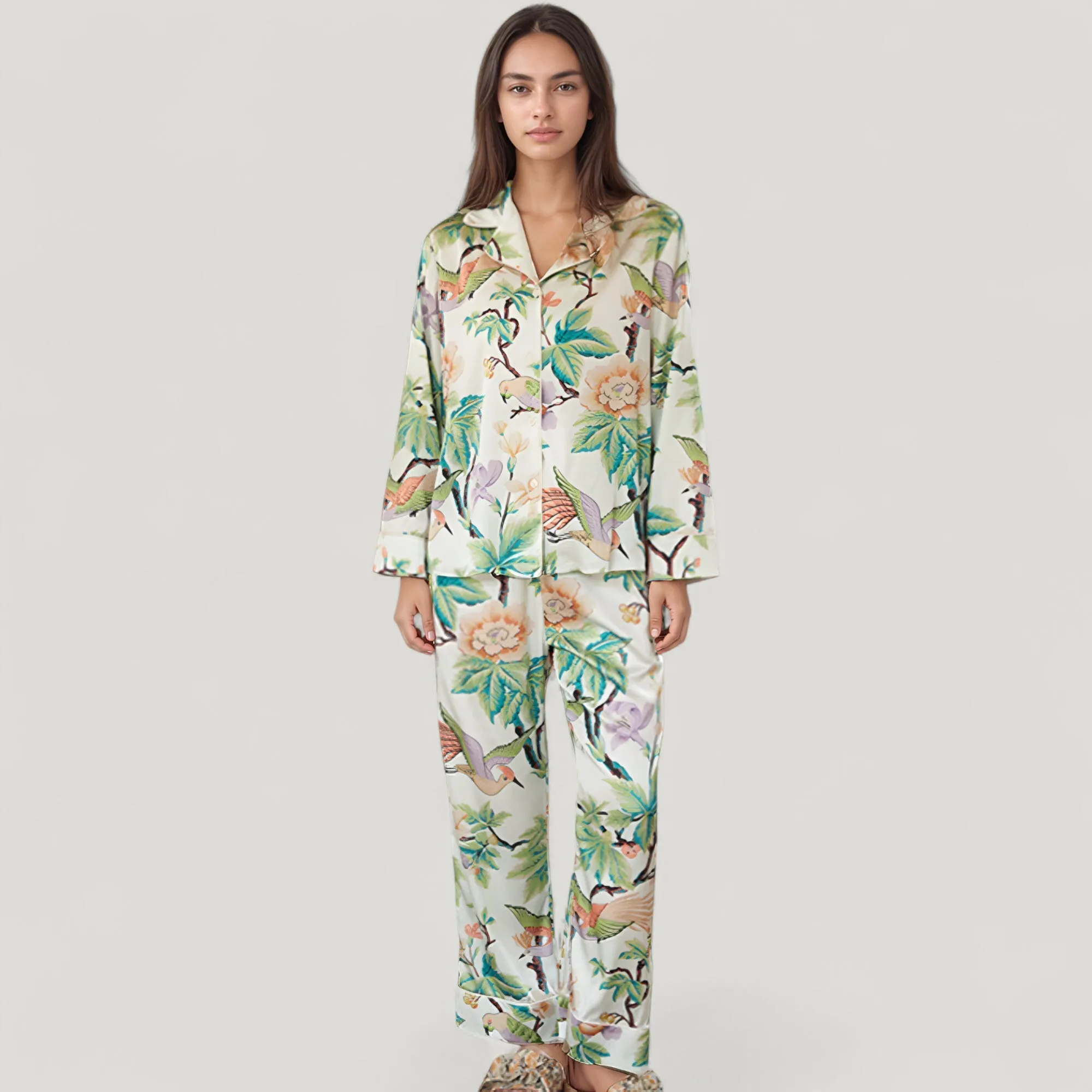 Anna-Kaci Lounge Women's Bird and Floral Print Pajama Set with Button Down Long Sleeve Top and Relaxed Fit Woven Pants sold by Anna-Kaci product image thumbnail 4