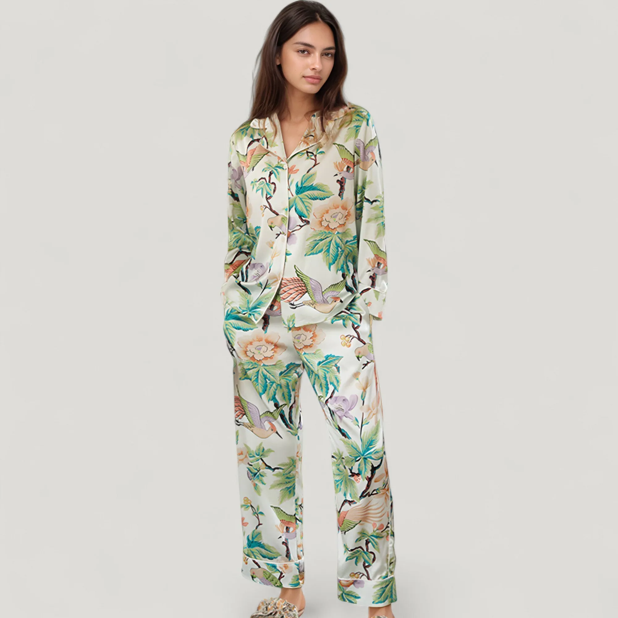 Anna-Kaci Lounge Women's Bird and Floral Print Pajama Set with Button Down Long Sleeve Top and Relaxed Fit Woven Pants sold by Anna-Kaci product image thumbnail 2