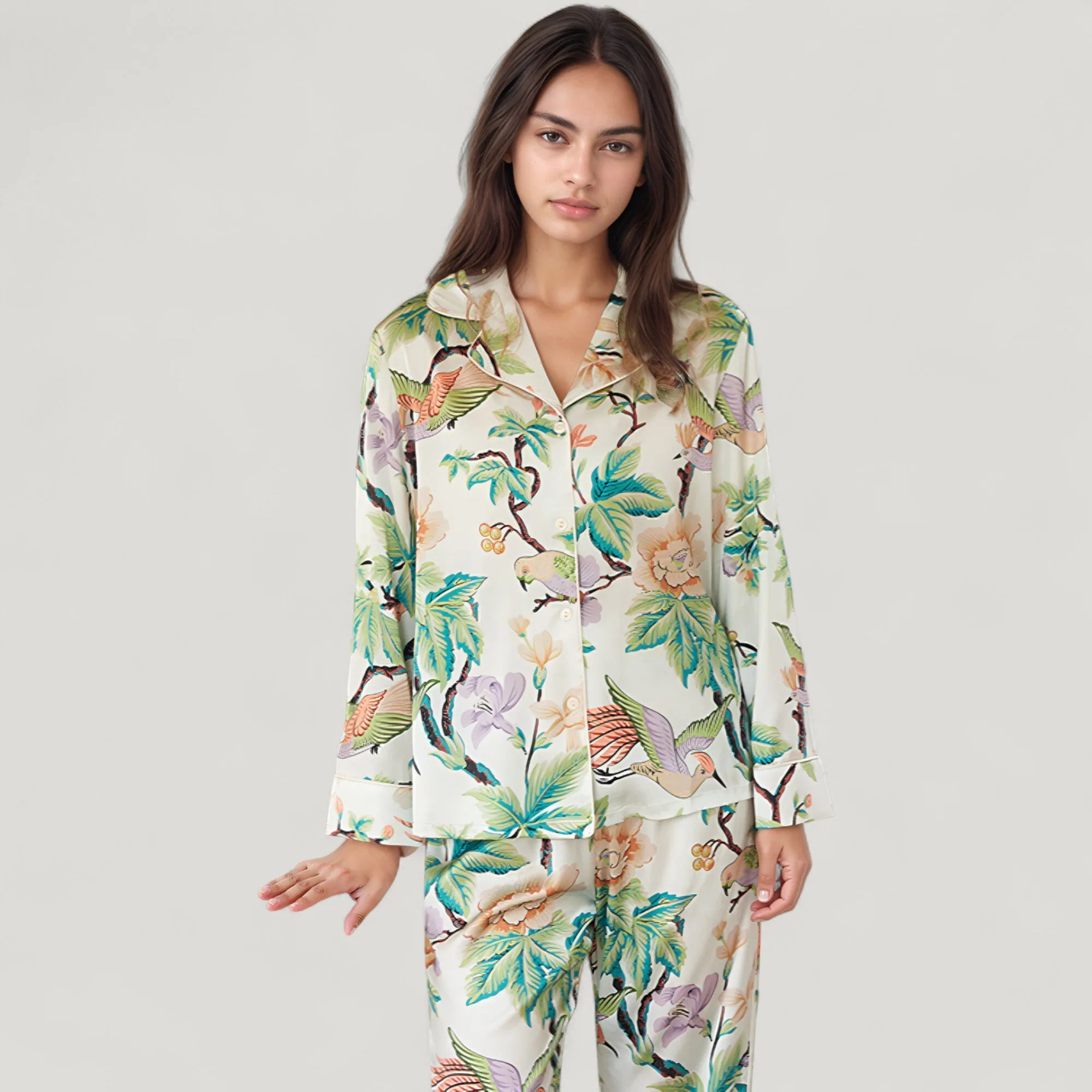 Anna-Kaci Lounge Women's Bird and Floral Print Pajama Set with Button Down Long Sleeve Top and Relaxed Fit Woven Pants sold by Anna-Kaci product image thumbnail 3