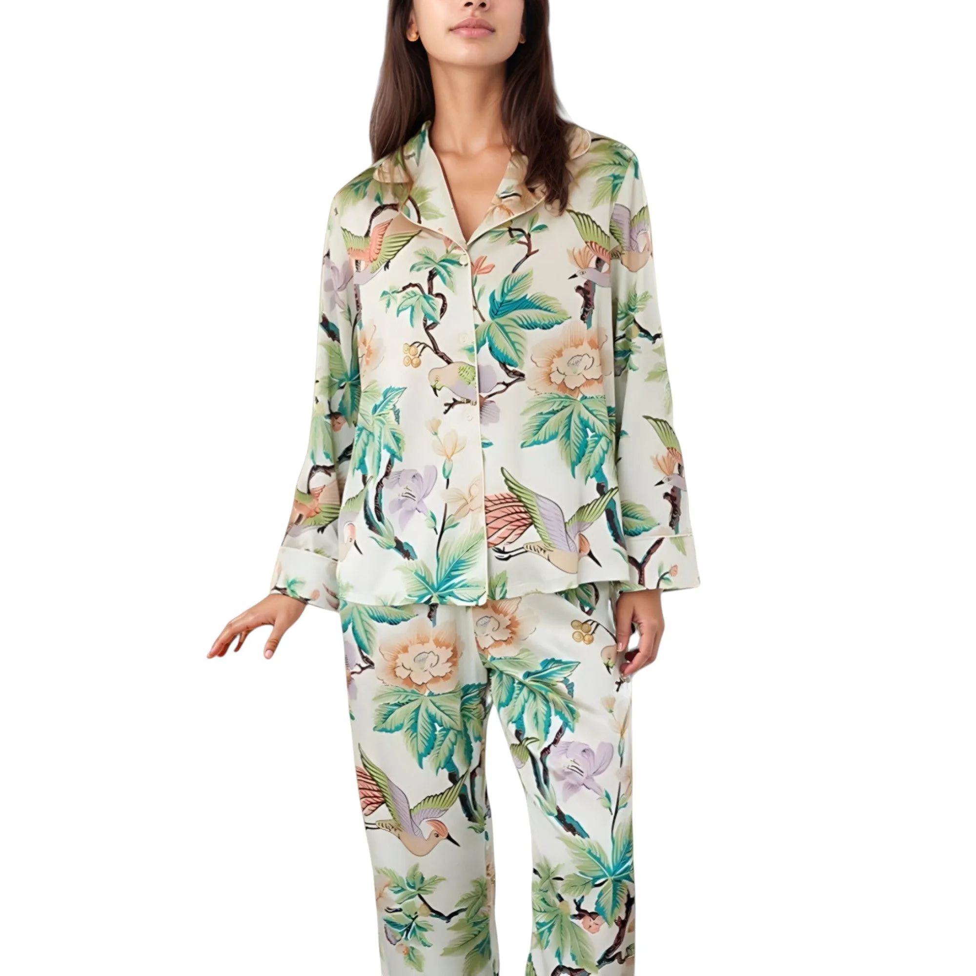 Anna-Kaci Lounge Women's Bird and Floral Print Pajama Set with Button Down Long Sleeve Top and Relaxed Fit Woven Pants sold by Anna-Kaci