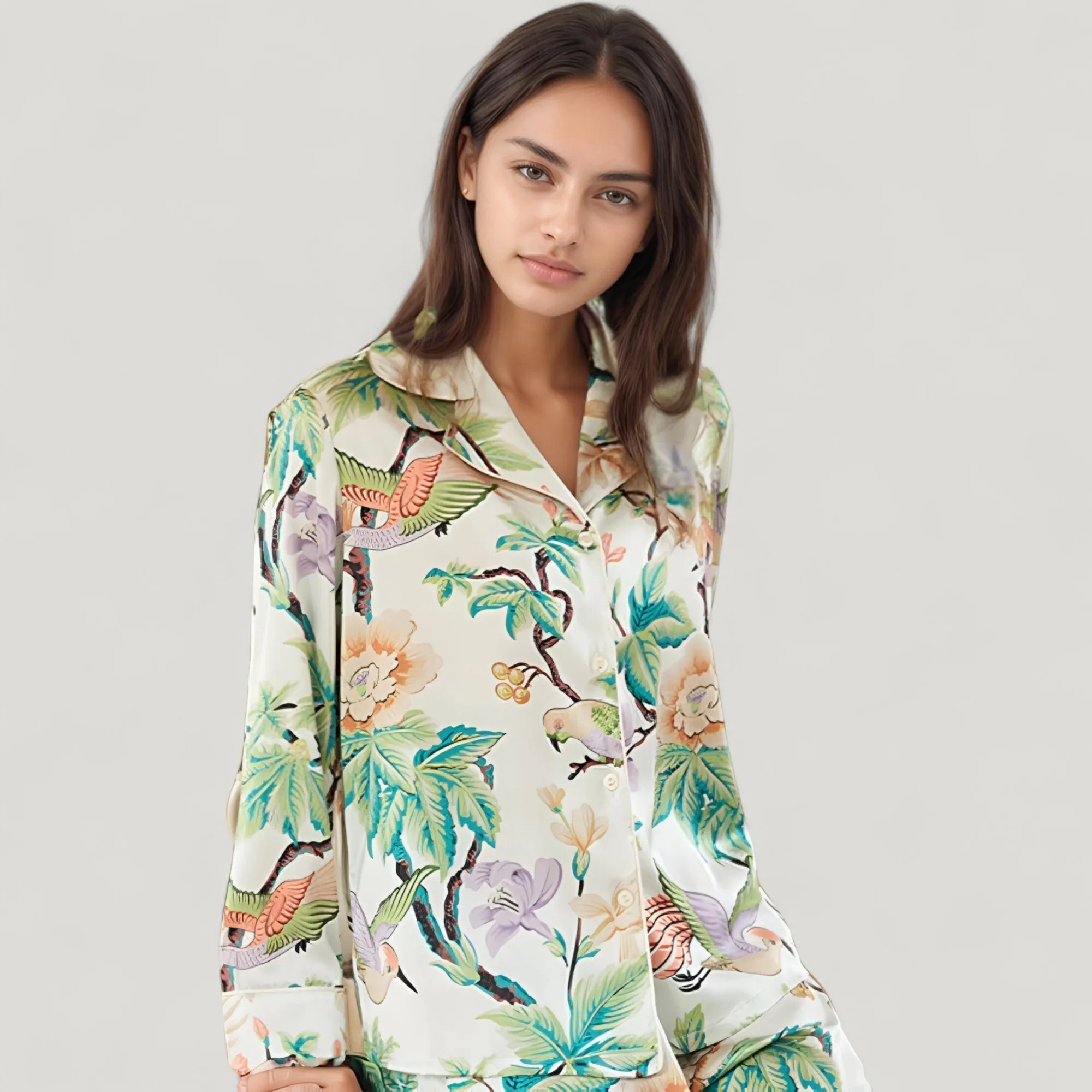 Anna-Kaci Lounge Women's Bird and Floral Print Pajama Set with Button Down Long Sleeve Top and Relaxed Fit Woven Pants sold by Anna-Kaci product image thumbnail 5