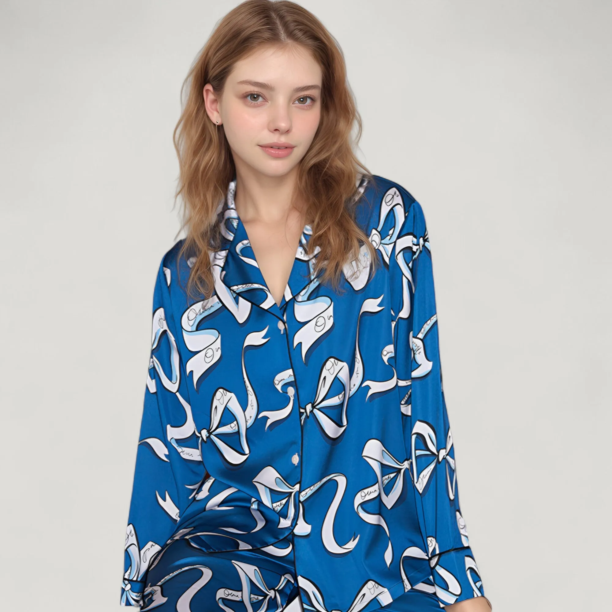 Anna-Kaci Lounge Women's Eel Print Pajama Set with Button Down Long Sleeve Top and Relaxed Fit Wide Leg Woven Pants sold by Anna-Kaci product image thumbnail 4