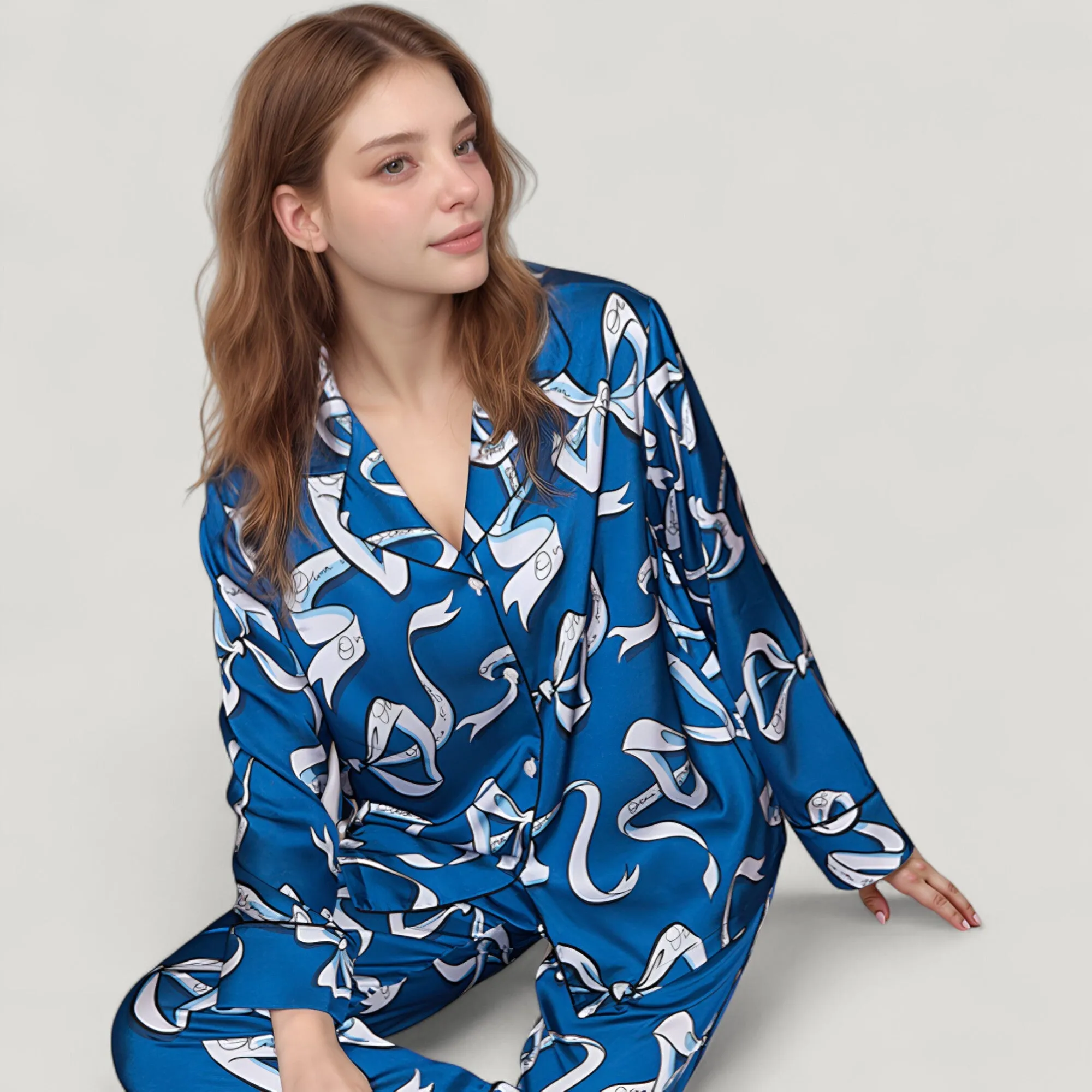 Anna-Kaci Lounge Women's Eel Print Pajama Set with Button Down Long Sleeve Top and Relaxed Fit Wide Leg Woven Pants sold by Anna-Kaci product image thumbnail 5