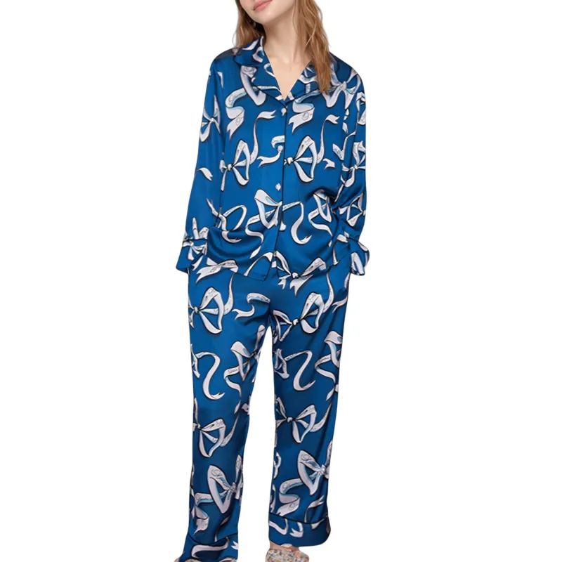 Anna-Kaci Lounge Women's Eel Print Pajama Set with Button Down Long Sleeve Top and Relaxed Fit Wide Leg Woven Pants sold by Anna-Kaci