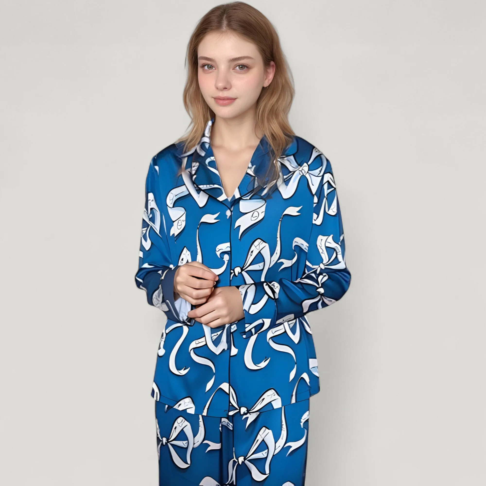 Anna-Kaci Lounge Women's Eel Print Pajama Set with Button Down Long Sleeve Top and Relaxed Fit Wide Leg Woven Pants sold by Anna-Kaci product image thumbnail 3