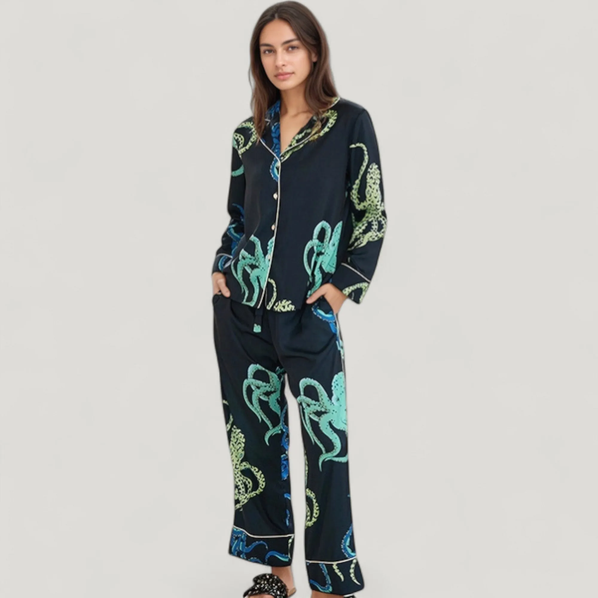 Anna-Kaci Lounge Women's Octopus Print Pajama Set with Button Front Long Sleeve Top and Relaxed Fit Wide Leg Woven Pants sold by Anna-Kaci product image thumbnail 2