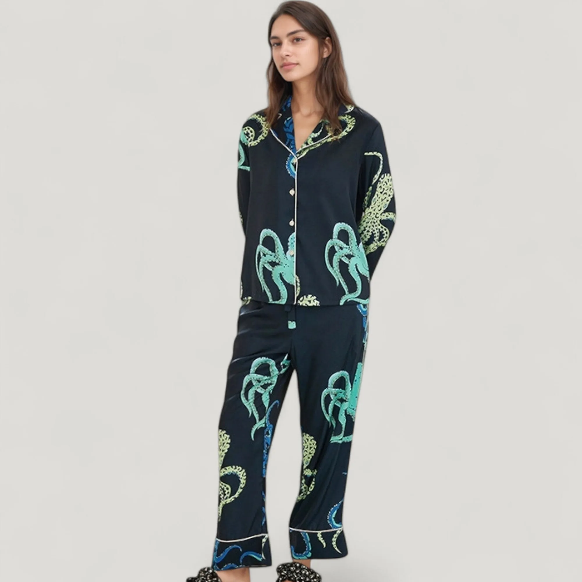 Anna-Kaci Lounge Women's Octopus Print Pajama Set with Button Front Long Sleeve Top and Relaxed Fit Wide Leg Woven Pants sold by Anna-Kaci product image thumbnail 5