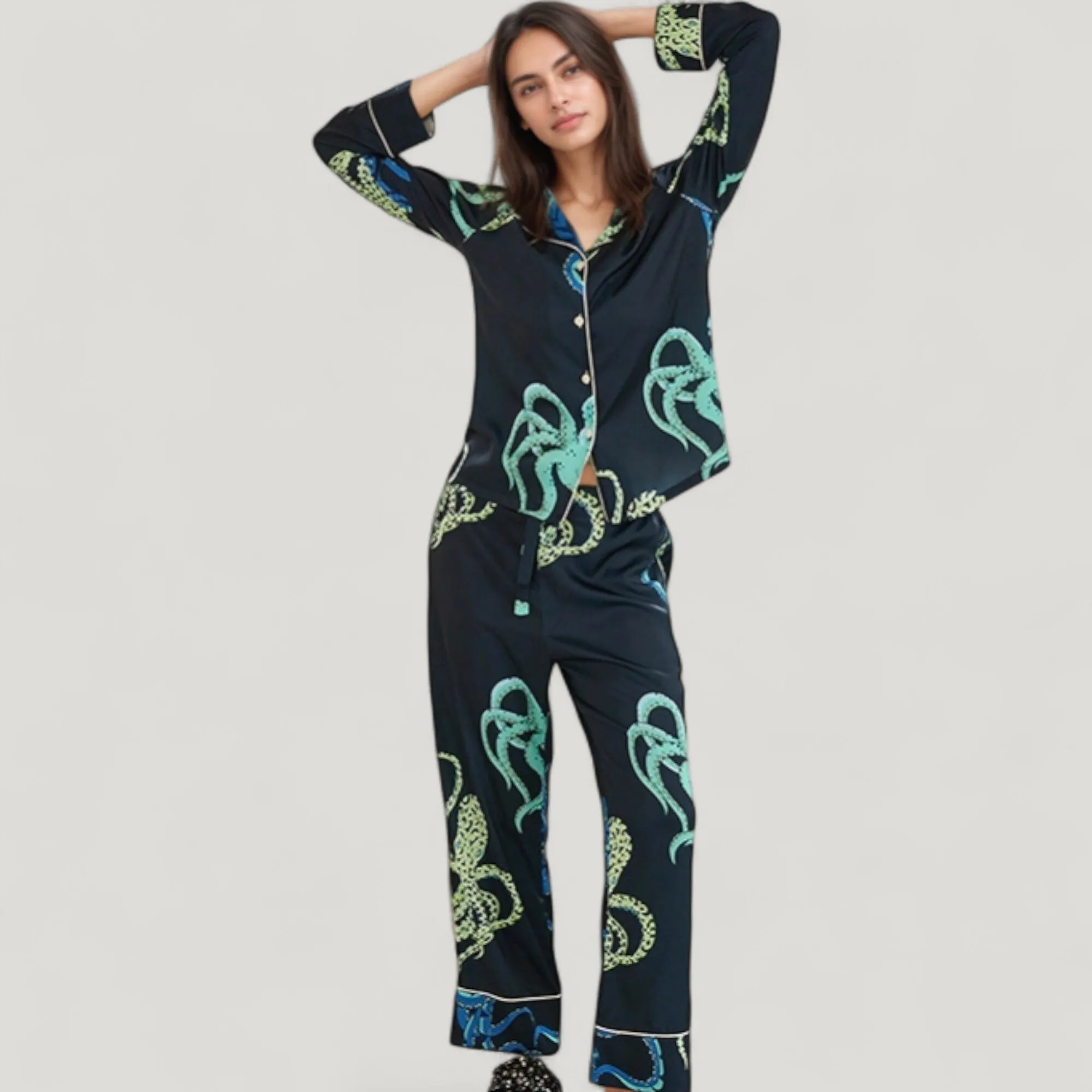 Anna-Kaci Lounge Women's Octopus Print Pajama Set with Button Front Long Sleeve Top and Relaxed Fit Wide Leg Woven Pants sold by Anna-Kaci product image thumbnail 4
