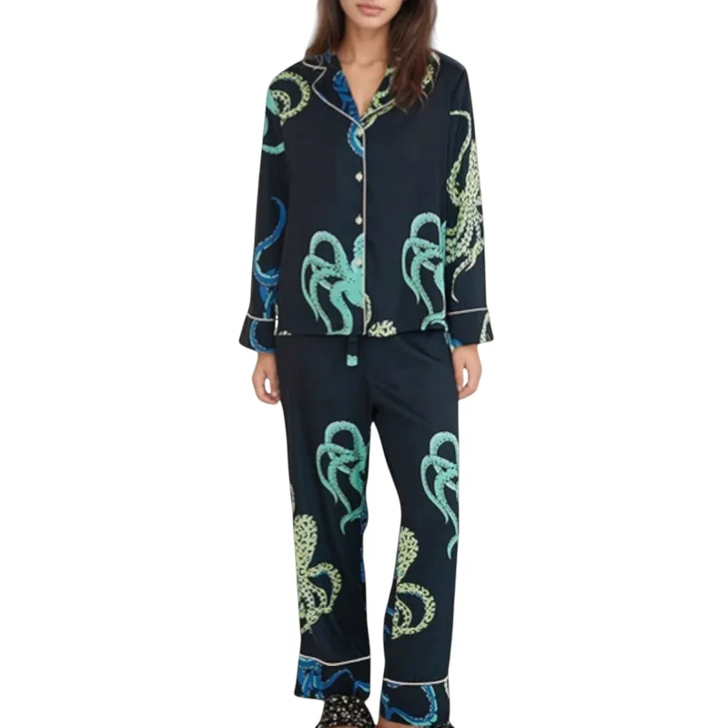 Anna-Kaci Lounge Women's Octopus Print Pajama Set with Button Front Long Sleeve Top and Relaxed Fit Wide Leg Woven Pants sold by Anna-Kaci