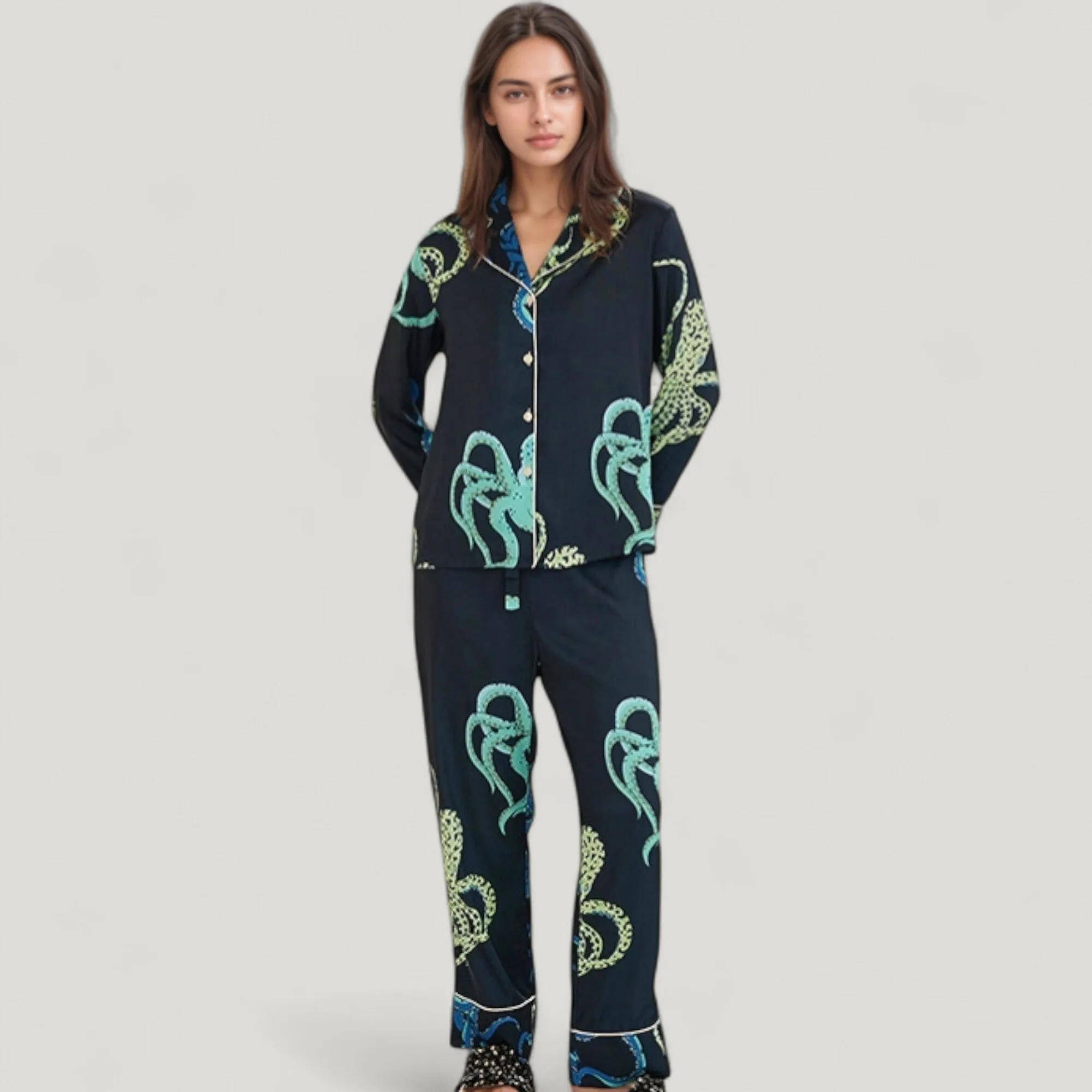Anna-Kaci Lounge Women's Octopus Print Pajama Set with Button Front Long Sleeve Top and Relaxed Fit Wide Leg Woven Pants sold by Anna-Kaci product image thumbnail 3