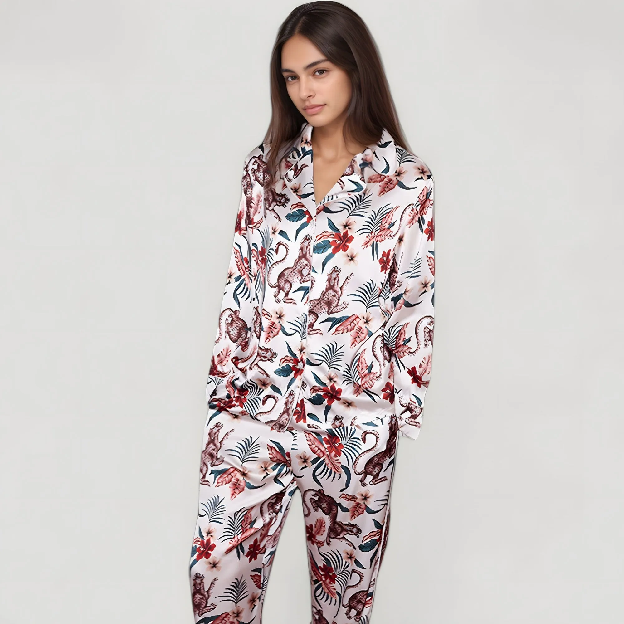 Anna-Kaci Lounge Women's Jungle Animal and Floral Pajama Set with Long Sleeve Notch Collar Button Down Top and Relaxed Woven Pants sold by Anna-Kaci product image thumbnail 4
