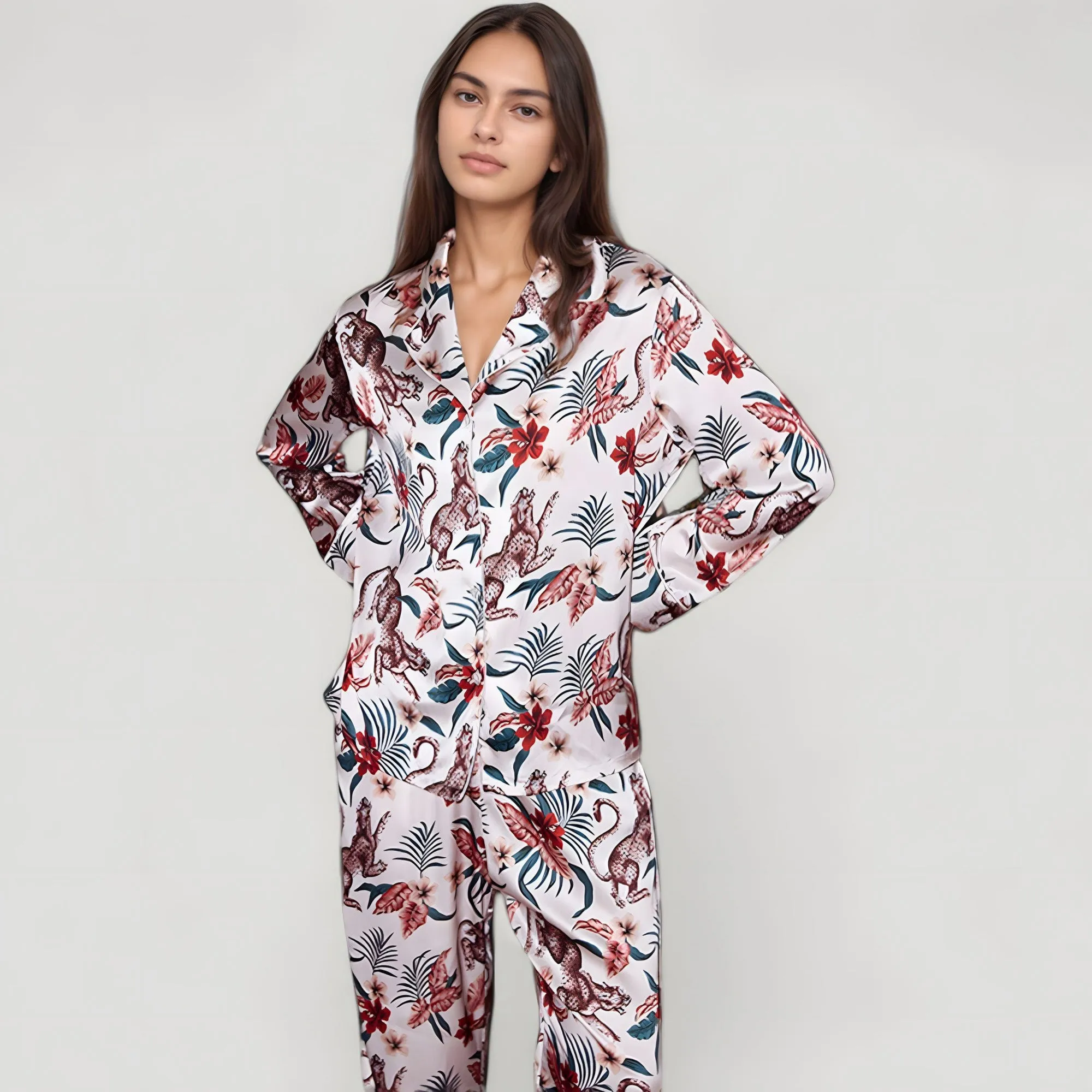 Anna-Kaci Lounge Women's Jungle Animal and Floral Pajama Set with Long Sleeve Notch Collar Button Down Top and Relaxed Woven Pants sold by Anna-Kaci product image thumbnail 3