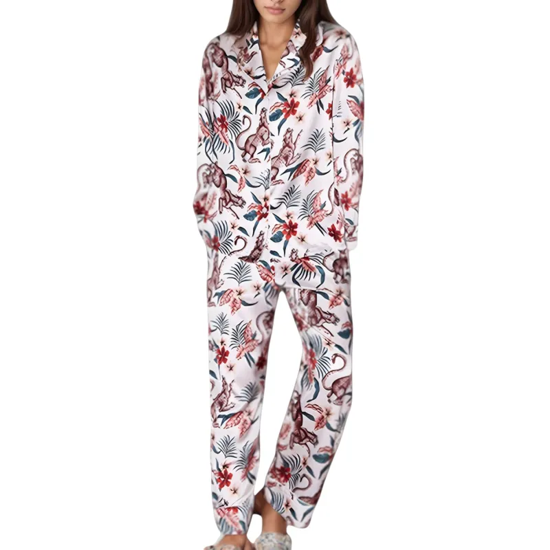 Anna-Kaci Lounge Women's Jungle Animal and Floral Pajama Set with Long Sleeve Notch Collar Button Down Top and Relaxed Woven Pants sold by Anna-Kaci