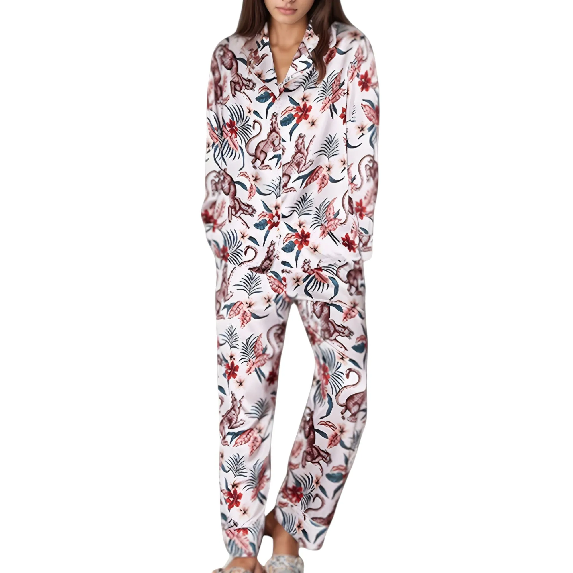 Anna-Kaci Lounge Women's Jungle Animal and Floral Pajama Set with Long Sleeve Notch Collar Button Down Top and Relaxed Woven Pants sold by Anna-Kaci