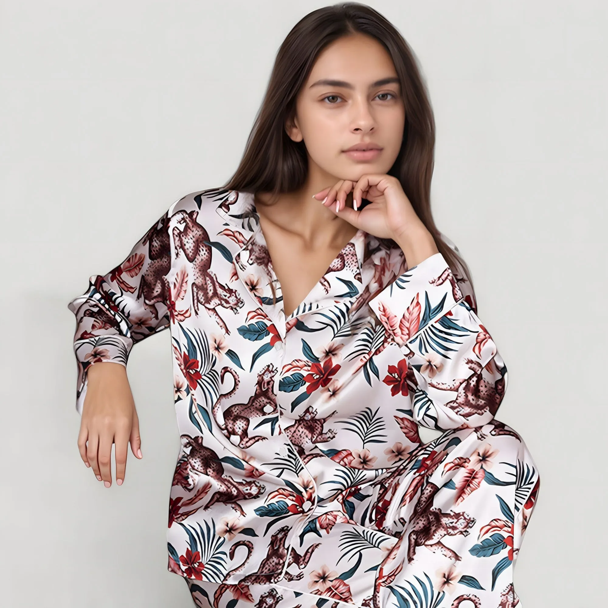 Anna-Kaci Lounge Women's Jungle Animal and Floral Pajama Set with Long Sleeve Notch Collar Button Down Top and Relaxed Woven Pants sold by Anna-Kaci product image thumbnail 5