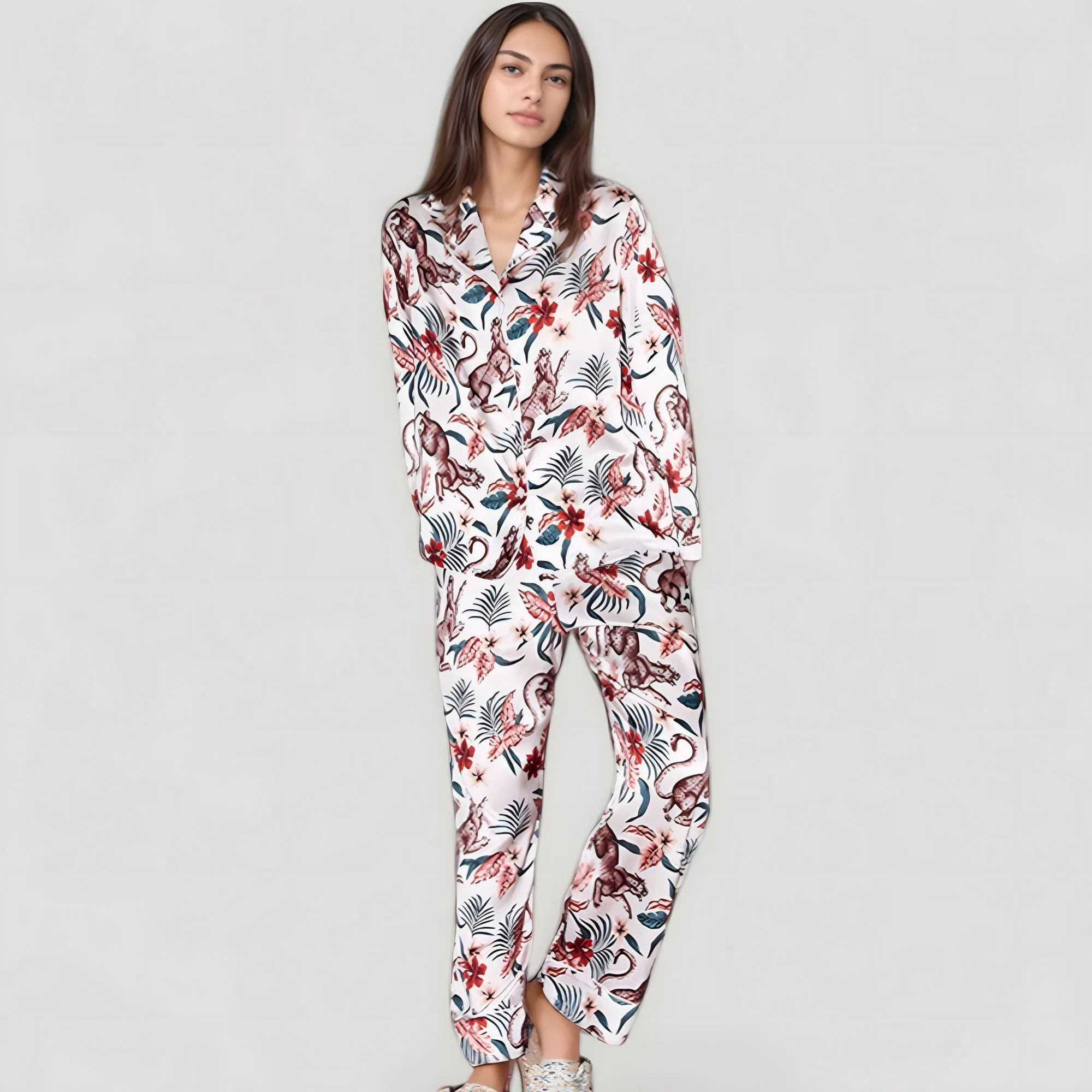 Anna-Kaci Lounge Women's Jungle Animal and Floral Pajama Set with Long Sleeve Notch Collar Button Down Top and Relaxed Woven Pants sold by Anna-Kaci product image thumbnail 2