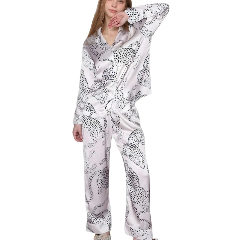 Anna-Kaci Lounge Women's Cheetah Print Woven Pajama Set with Long Sleeve Button Down Top and Relaxed Fit Straight Leg Pants sold by Anna-Kaci