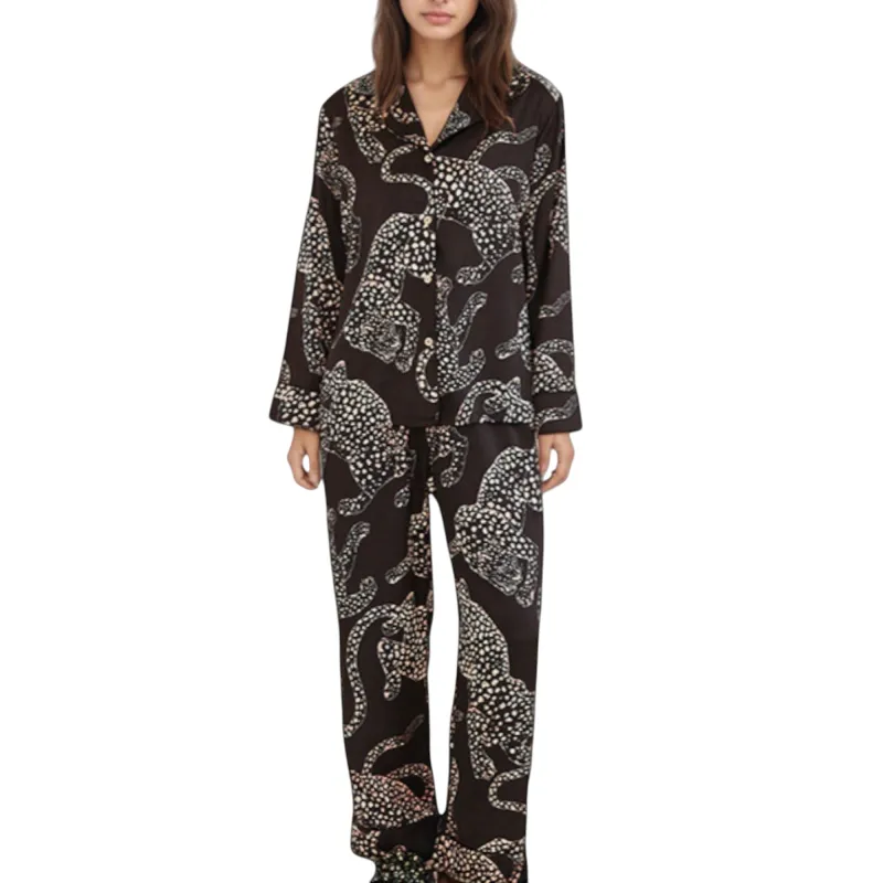 Anna-Kaci Lounge Women's Animal Print Woven Pajama Set with Button Front Long Sleeve Top and Relaxed Fit Pants sold by Anna-Kaci