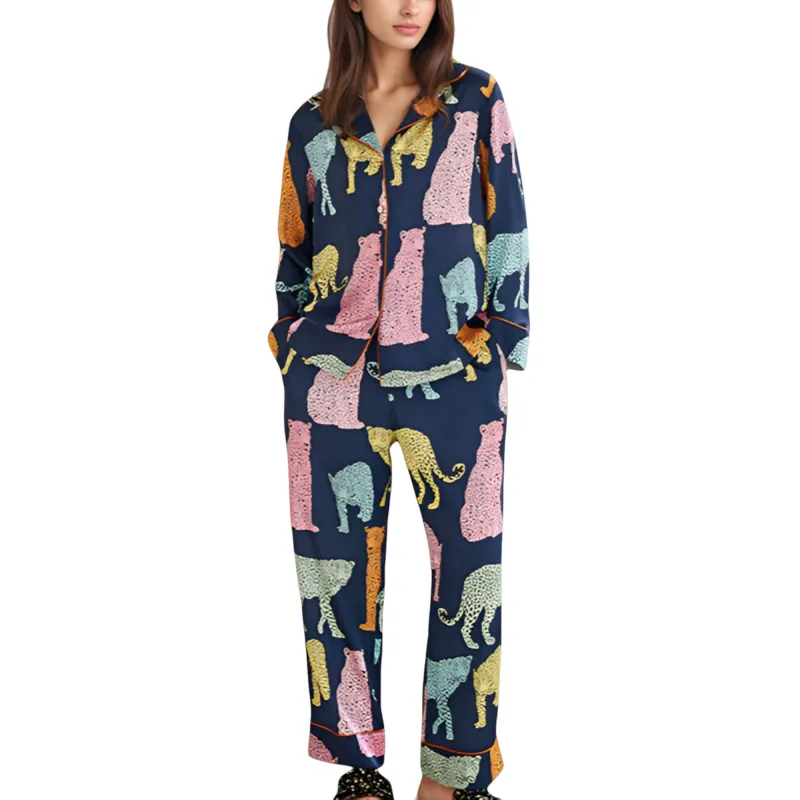 Anna-Kaci Lounge Women's Satin Multicolor Leopard Print Pajama Set with Button Up Long Sleeve Shirt and Relaxed Fit Pants sold by Anna-Kaci