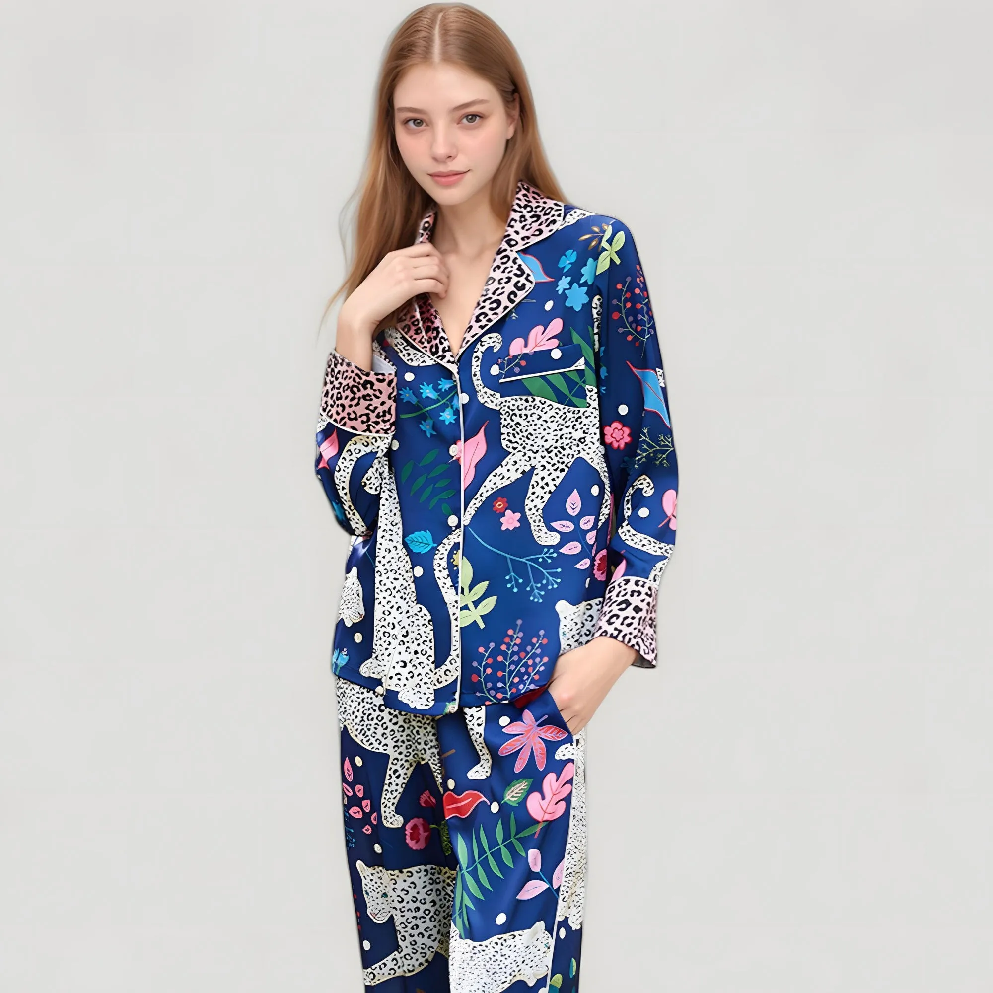 Anna-Kaci Lounge Women's Satin Leopard and Botanical Print Pajama Set with Button Up Long Sleeve Shirt and Relaxed Fit Pants sold by Anna-Kaci product image thumbnail 3