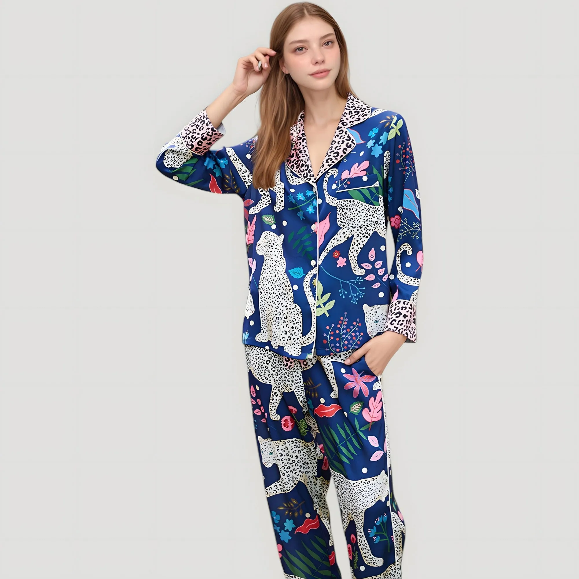 Anna-Kaci Lounge Women's Satin Leopard and Botanical Print Pajama Set with Button Up Long Sleeve Shirt and Relaxed Fit Pants sold by Anna-Kaci product image thumbnail 5