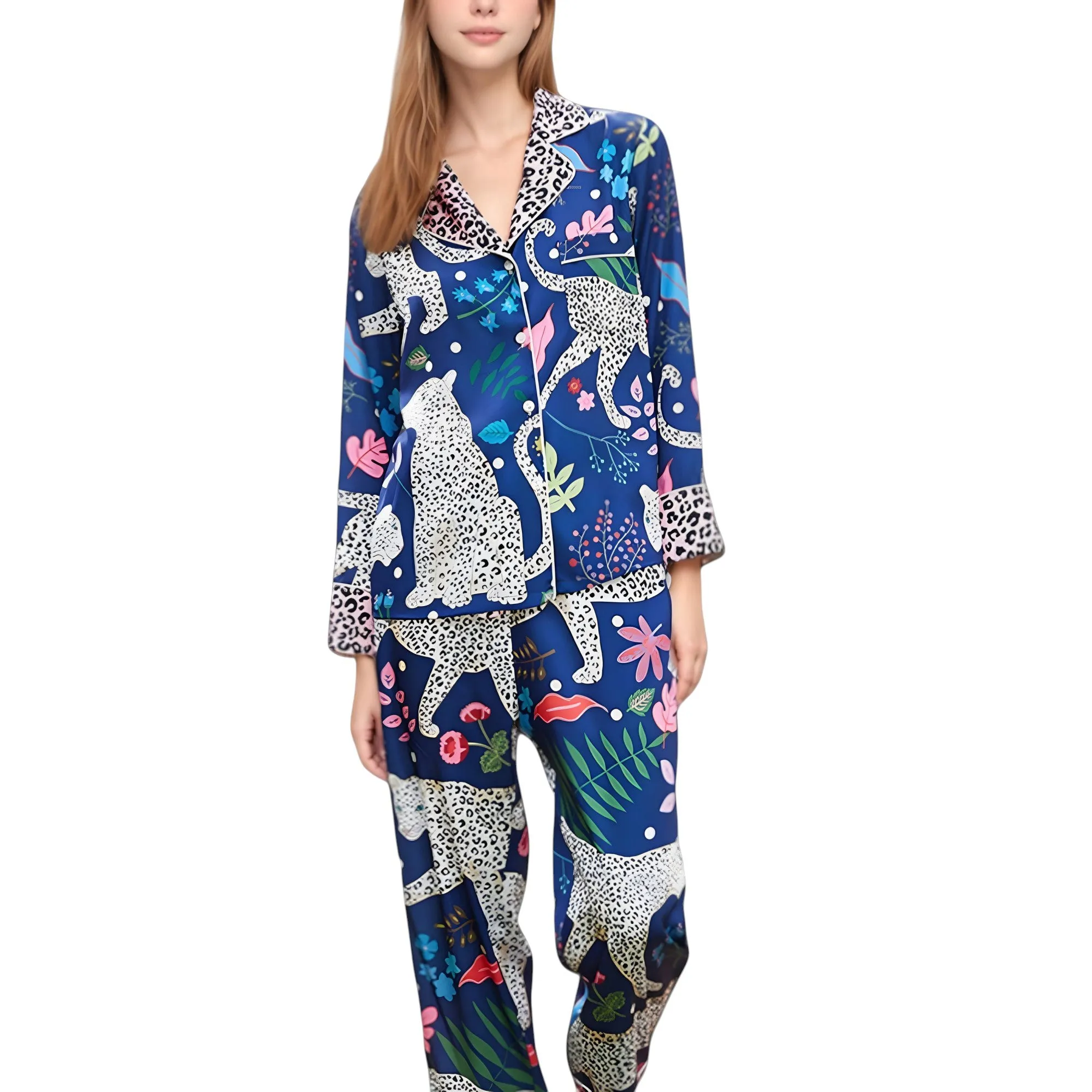 Anna-Kaci Lounge Women's Satin Leopard and Botanical Print Pajama Set with Button Up Long Sleeve Shirt and Relaxed Fit Pants sold by Anna-Kaci