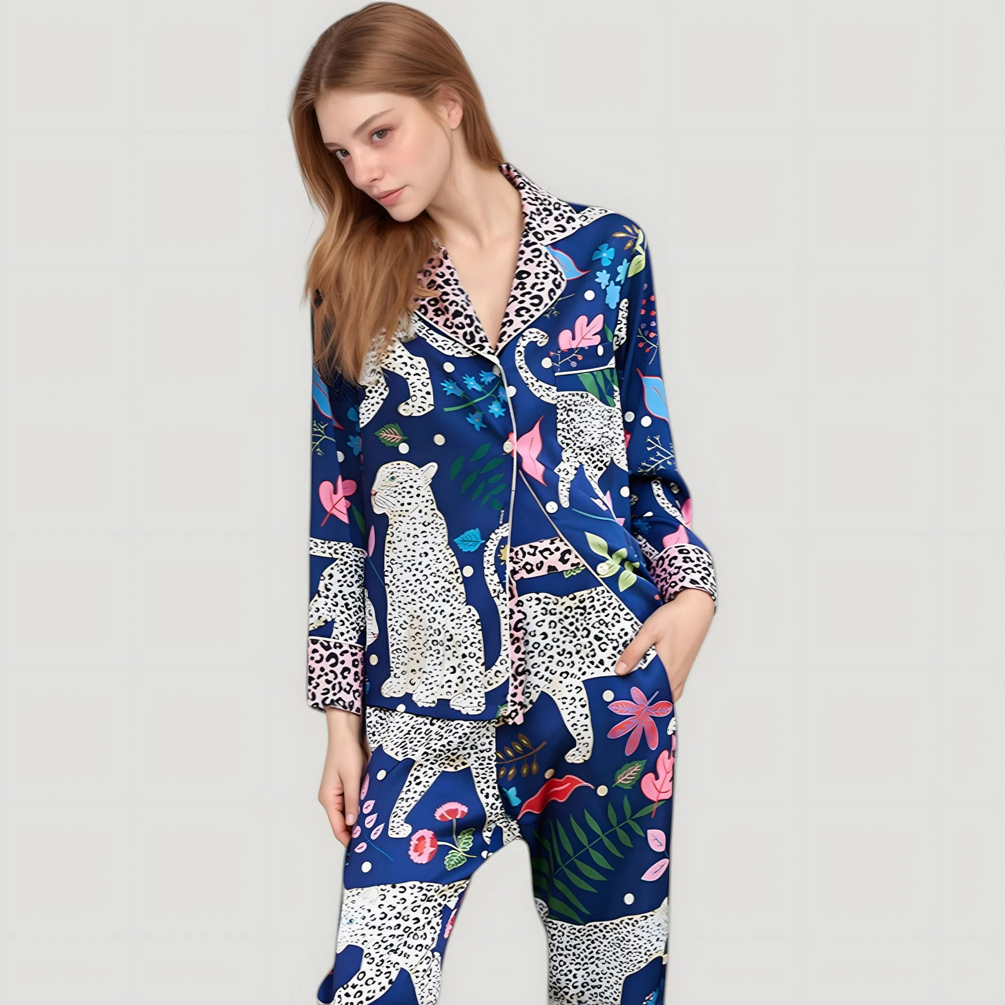 Anna-Kaci Lounge Women's Satin Leopard and Botanical Print Pajama Set with Button Up Long Sleeve Shirt and Relaxed Fit Pants sold by Anna-Kaci product image thumbnail 4