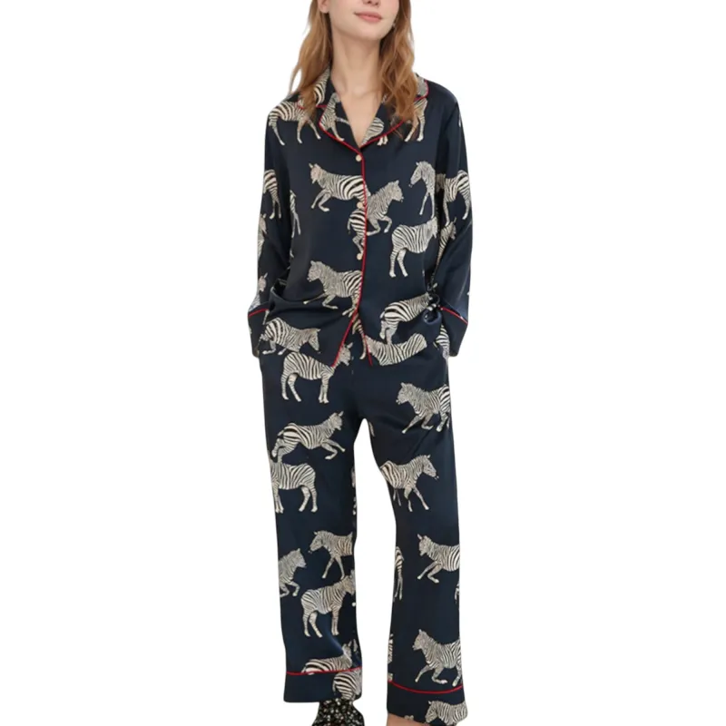 Anna-Kaci Lounge Women's Satin Zebra Print Pajama Set with Long Sleeve Button Up Shirt and Matching Relaxed Fit Pants sold by Anna-Kaci