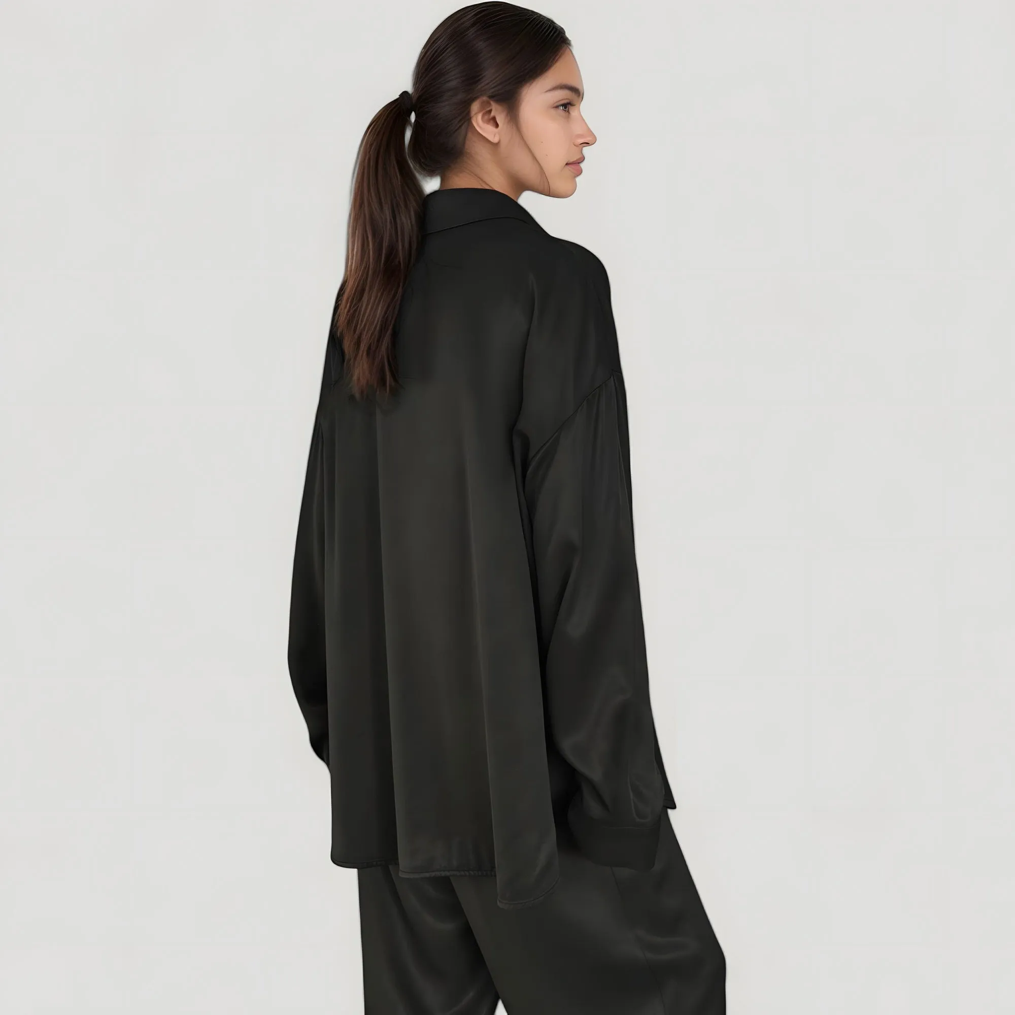 Anna-Kaci Lounge Women's Relaxed Fit Satin Button-Down Shirt and Wide Leg Pants Two-Piece Lounge Pajama Set sold by Anna-Kaci product image thumbnail 4