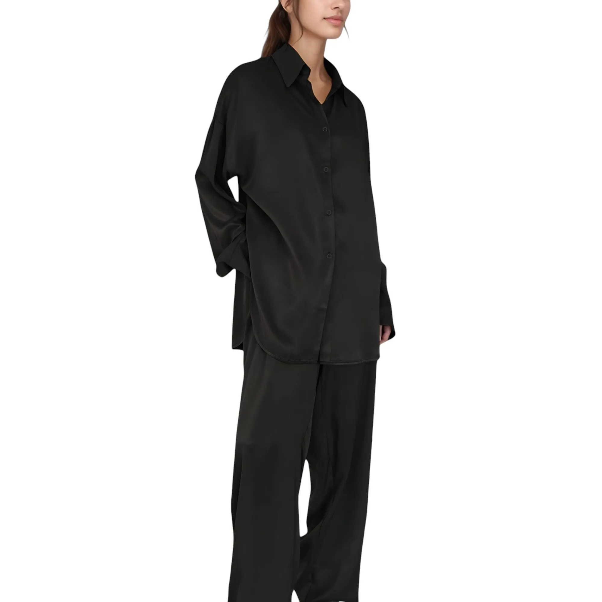 Anna-Kaci Lounge Women's Relaxed Fit Satin Button-Down Shirt and Wide Leg Pants Two-Piece Lounge Pajama Set sold by Anna-Kaci