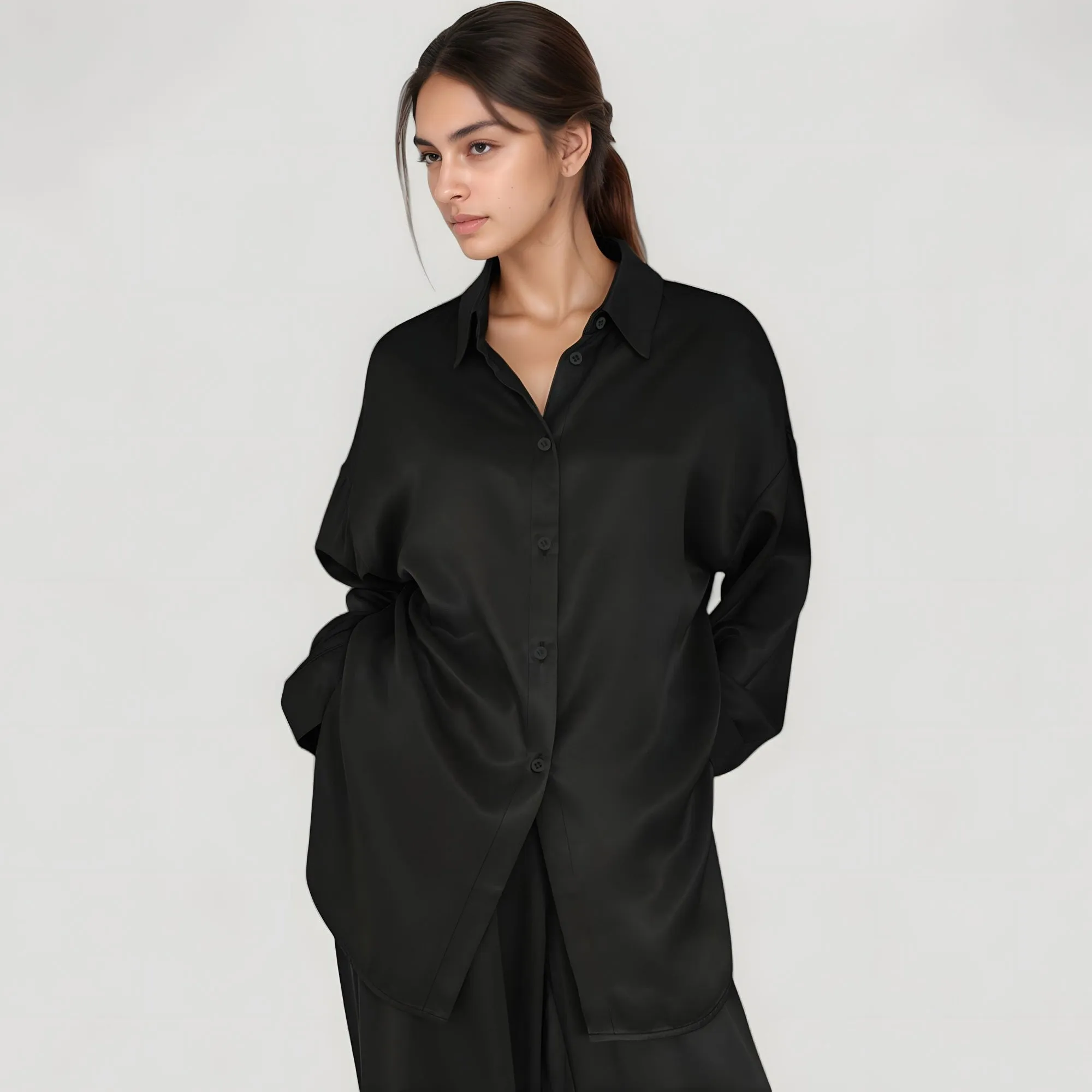 Anna-Kaci Lounge Women's Relaxed Fit Satin Button-Down Shirt and Wide Leg Pants Two-Piece Lounge Pajama Set sold by Anna-Kaci product image thumbnail 3