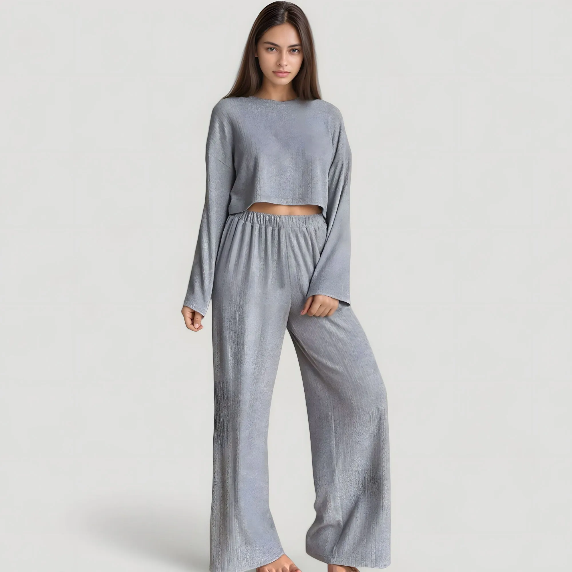Anna-Kaci Lounge Women's Ribbed Knit Long Sleeve Crop Top and Wide Leg Lounge Pants Two-Piece Pajama Set sold by Anna-Kaci product image thumbnail 2