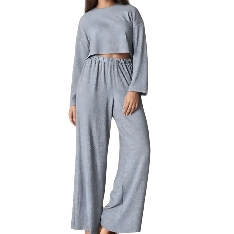Anna-Kaci Lounge Women's Ribbed Knit Long Sleeve Crop Top and Wide Leg Lounge Pants Two-Piece Pajama Set sold by Anna-Kaci