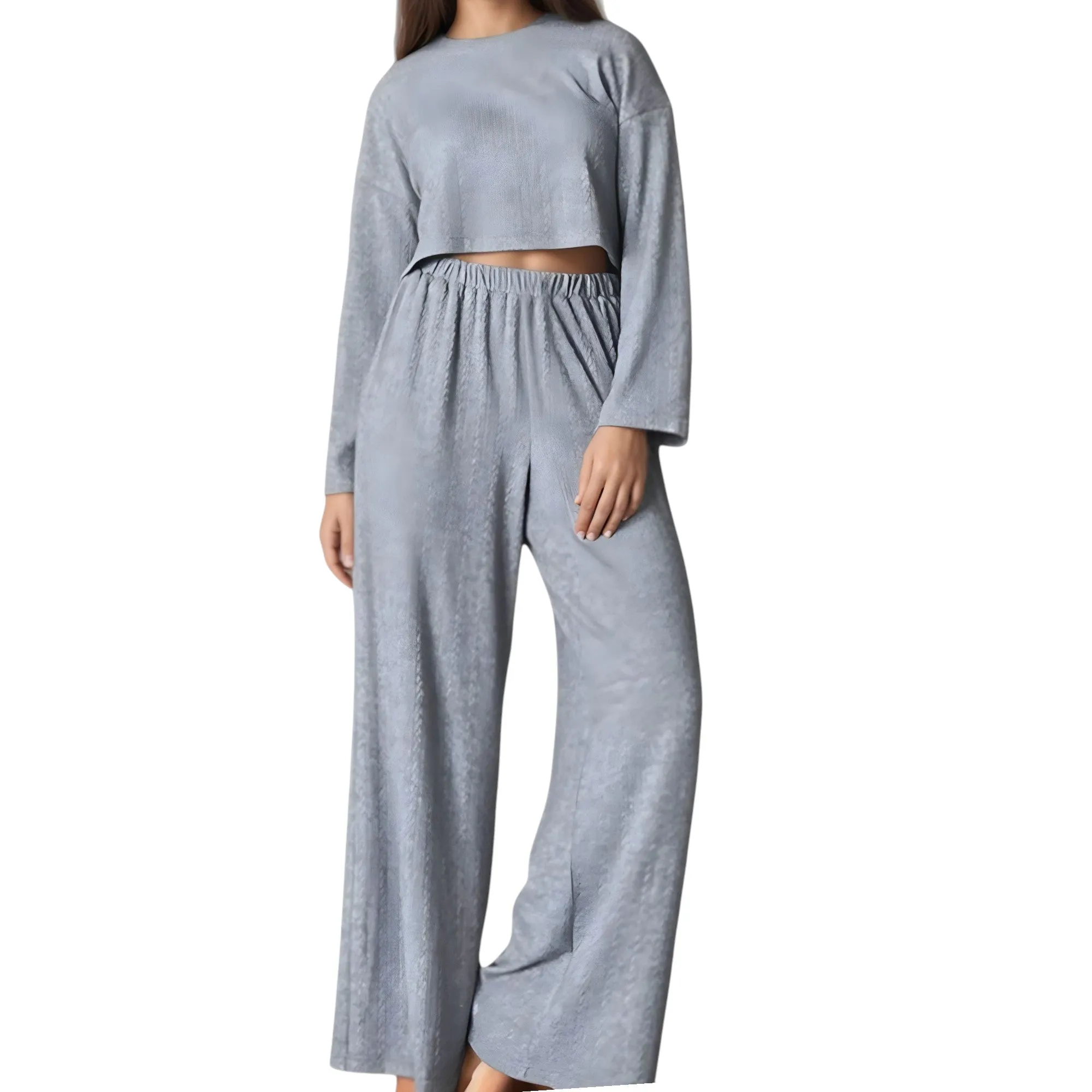Anna-Kaci Lounge Women's Ribbed Knit Long Sleeve Crop Top and Wide Leg Lounge Pants Two-Piece Pajama Set sold by Anna-Kaci