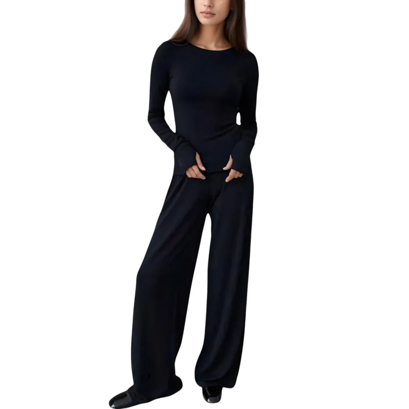 Anna-Kaci Lounge Women's Long Sleeve Woven Pajama Set with Fitted Crew Neck Top and Wide Leg Pants sold by Anna-Kaci