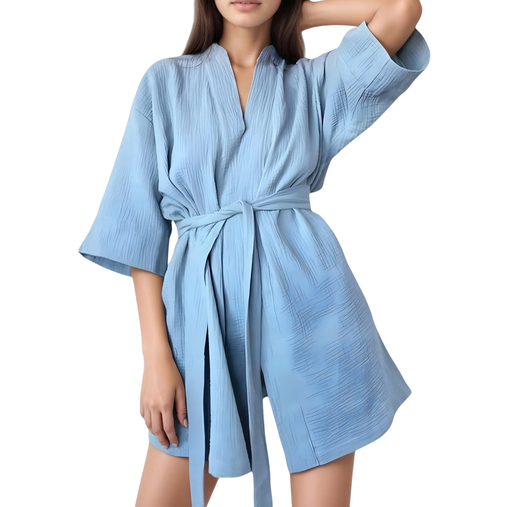 Anna-Kaci Lounge Women's Woven Textured Bath Robe with Waist Tie and Wide Sleeves sold by Anna-Kaci product image thumbnail 4