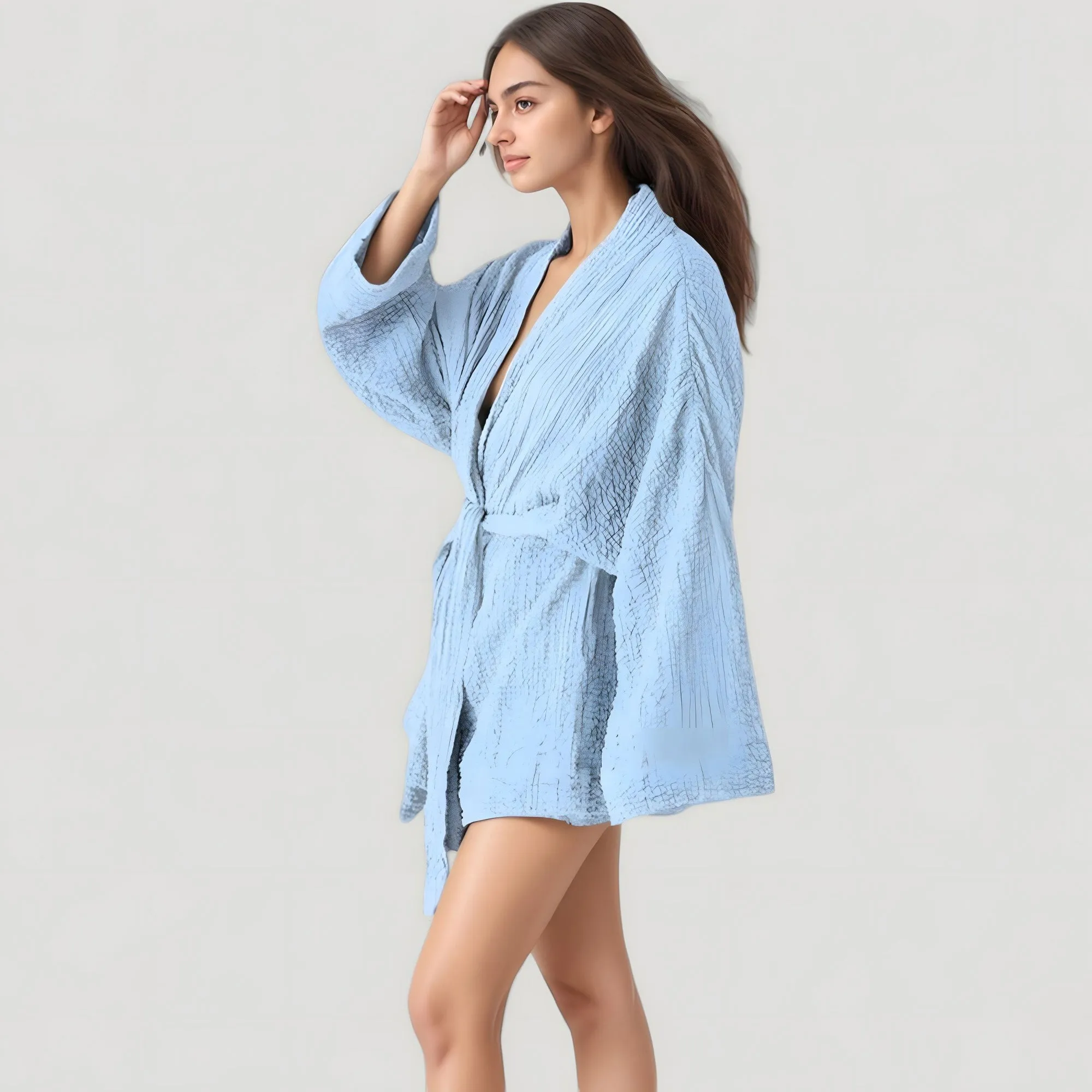Anna-Kaci Lounge Women's Woven Textured Bath Robe with Waist Tie and Wide Sleeves sold by Anna-Kaci product image thumbnail 5