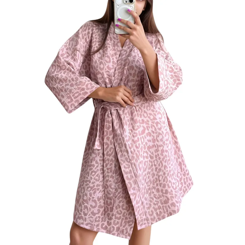 Anna-Kaci Lounge Women's Woven Leopard Print Bath Robe with Waist Tie and Wide Sleeves sold by Anna-Kaci