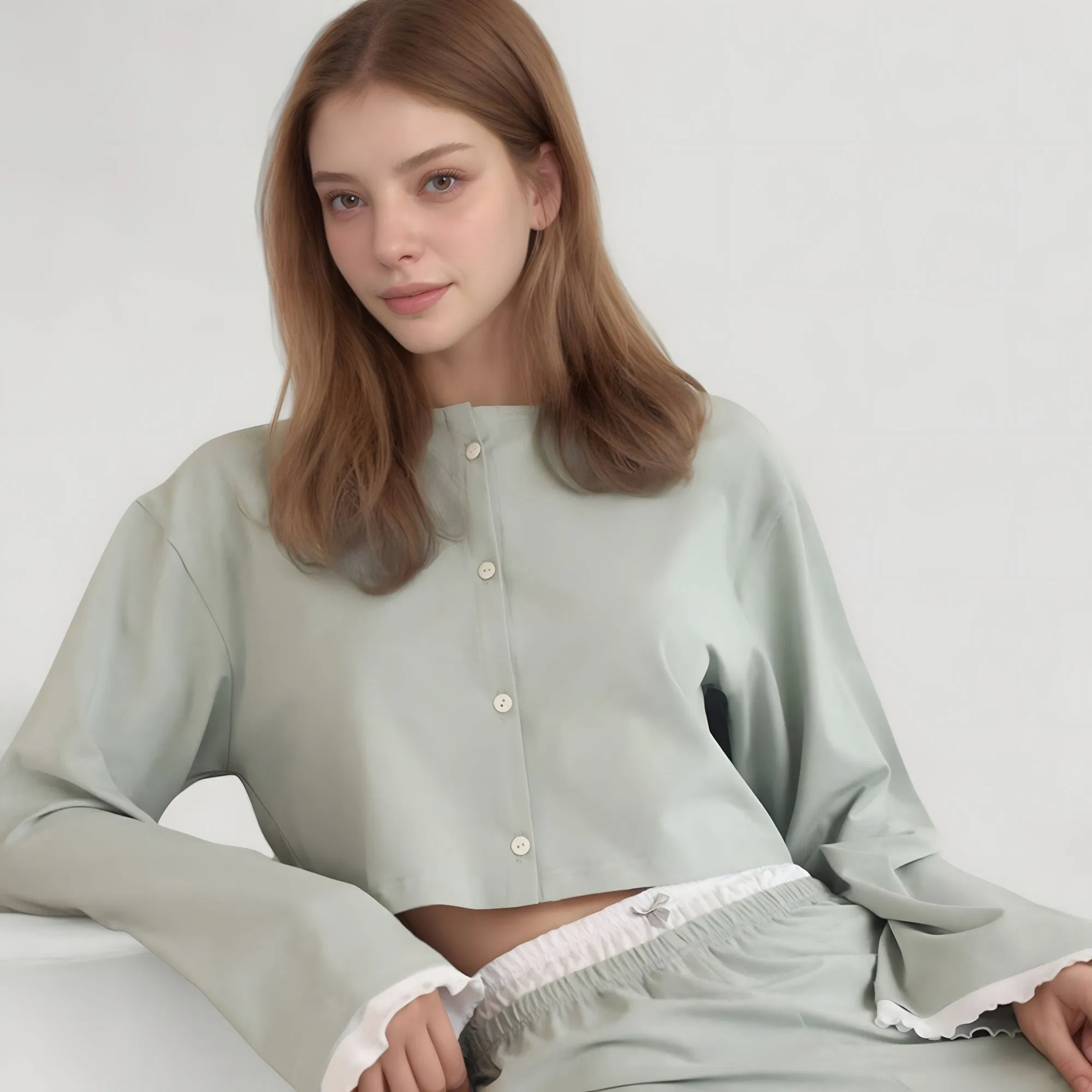 Anna-Kaci Lounge Women's Cropped Button-Up Long Sleeve Pajama Set with Contrast Trim and Wide Leg Pants sold by Anna-Kaci product image thumbnail 5